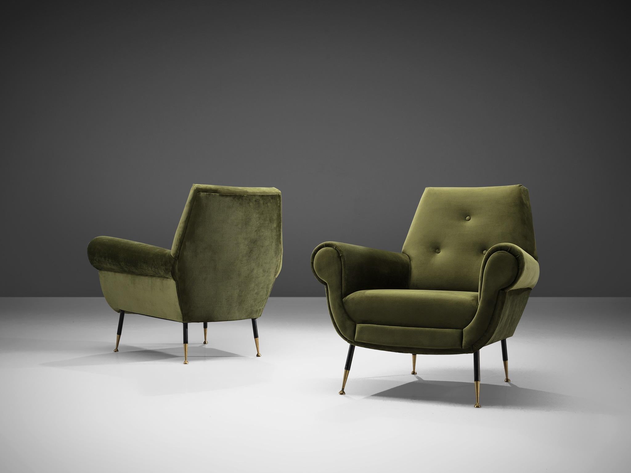 Mid-Century Modern Recently Upholstered Italian Lounge Chairs in Green Velvet and Brass