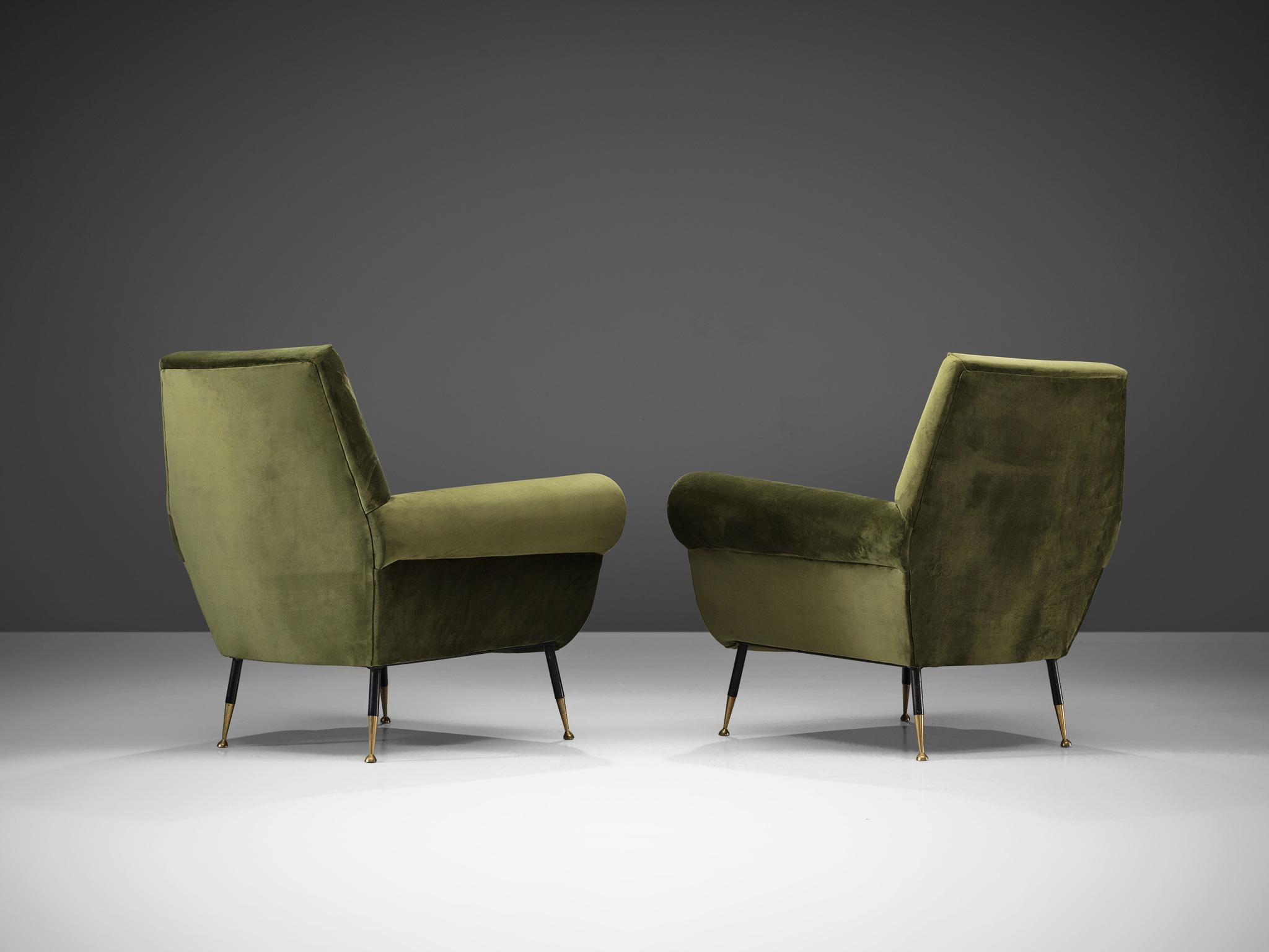 Mid-20th Century Recently Upholstered Italian Lounge Chairs in Green Velvet and Brass