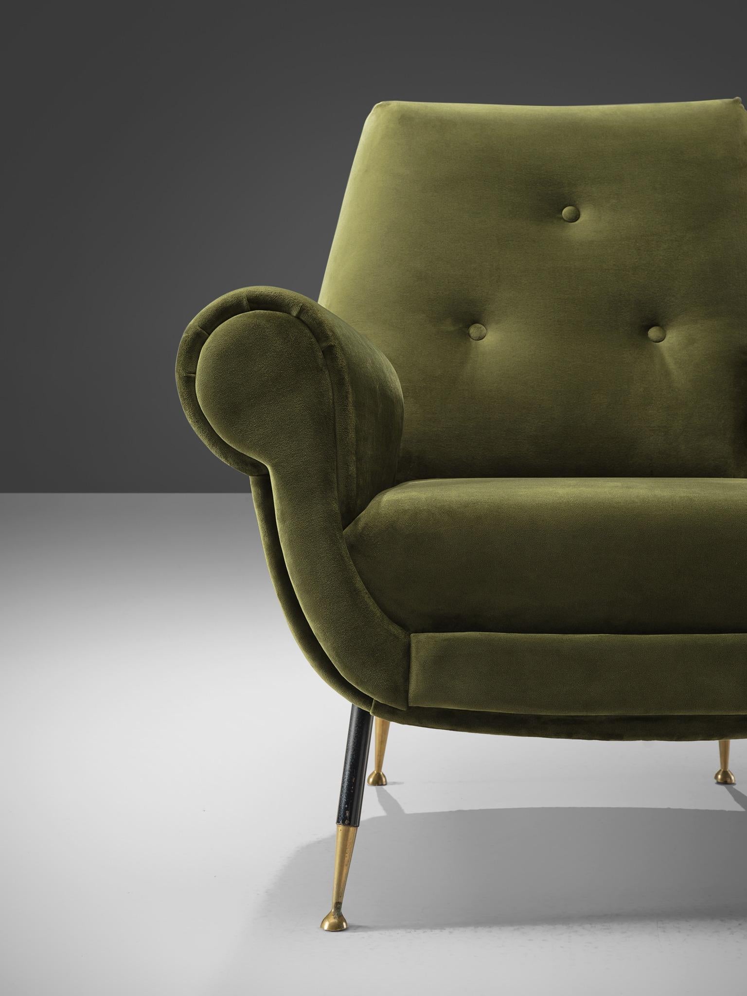 Metal Recently Upholstered Italian Lounge Chairs in Green Velvet and Brass