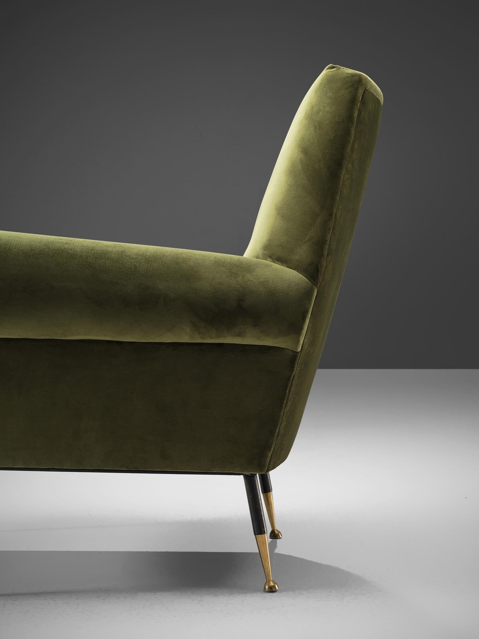 Recently Upholstered Italian Lounge Chairs in Green Velvet and Brass 1
