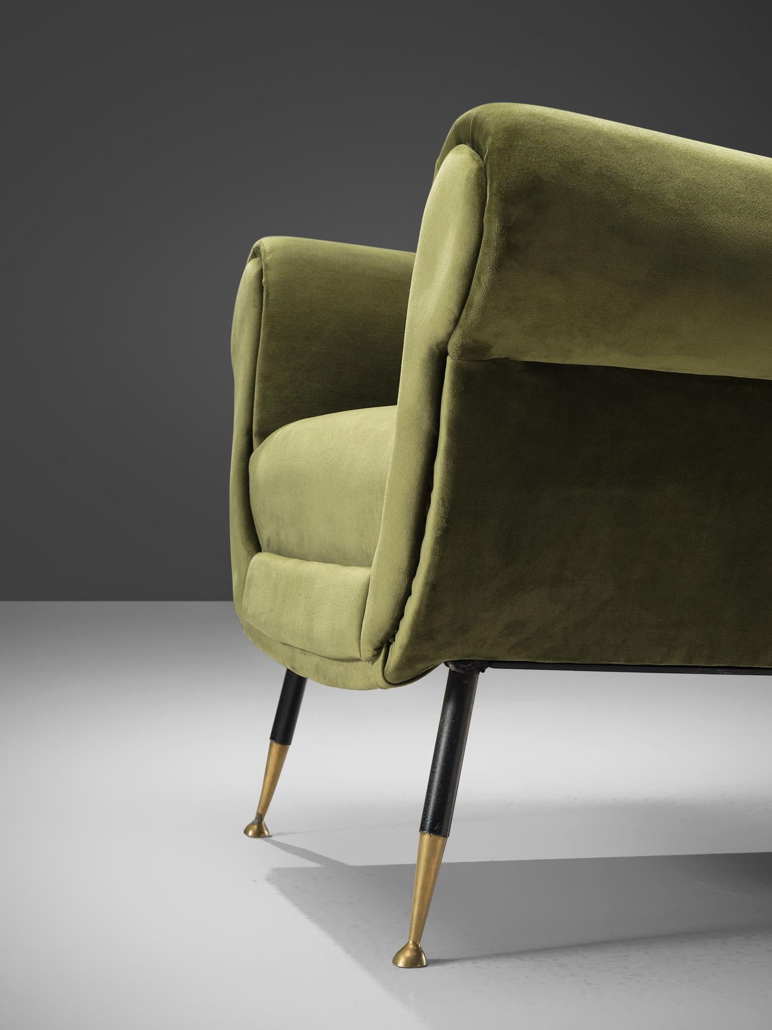 Recently Upholstered Italian Lounge Chairs in Green Velvet and Brass 2