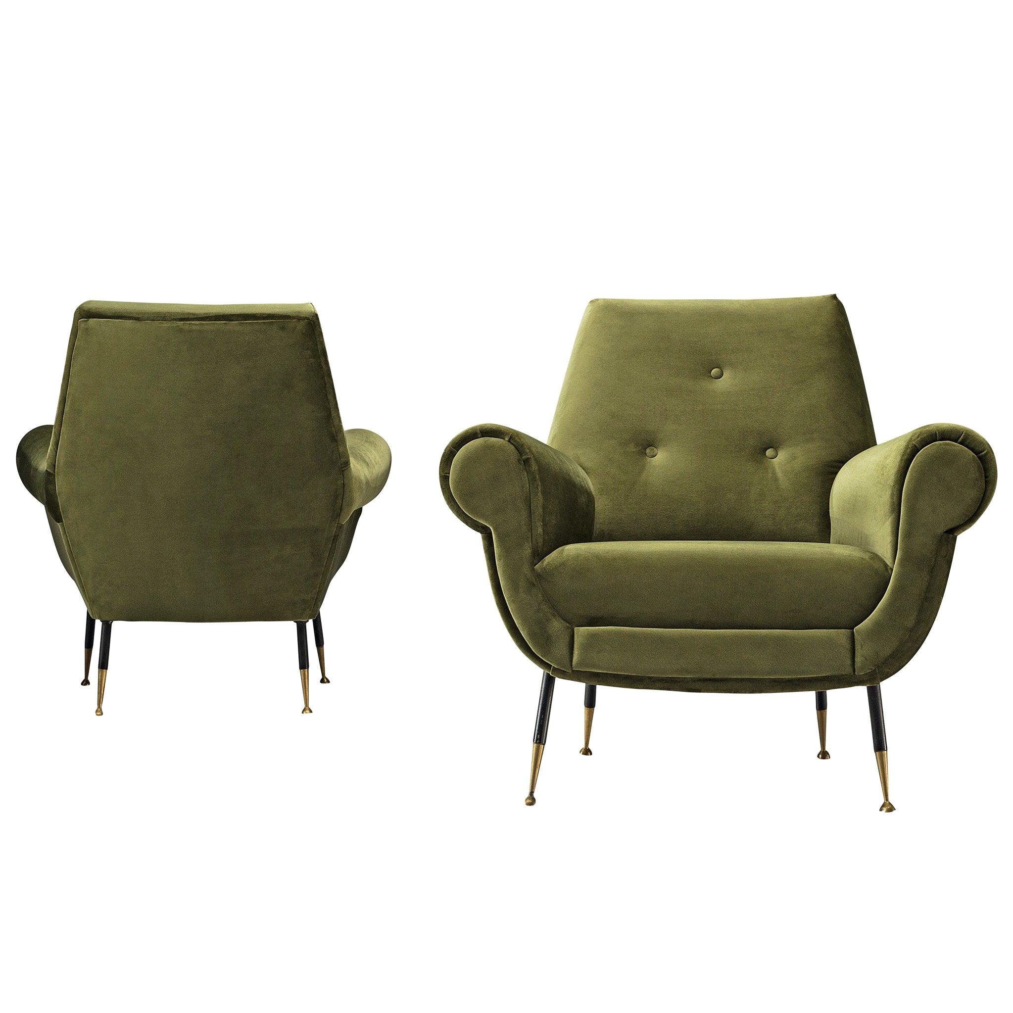 Recently Upholstered Italian Lounge Chairs in Green Velvet and Brass
