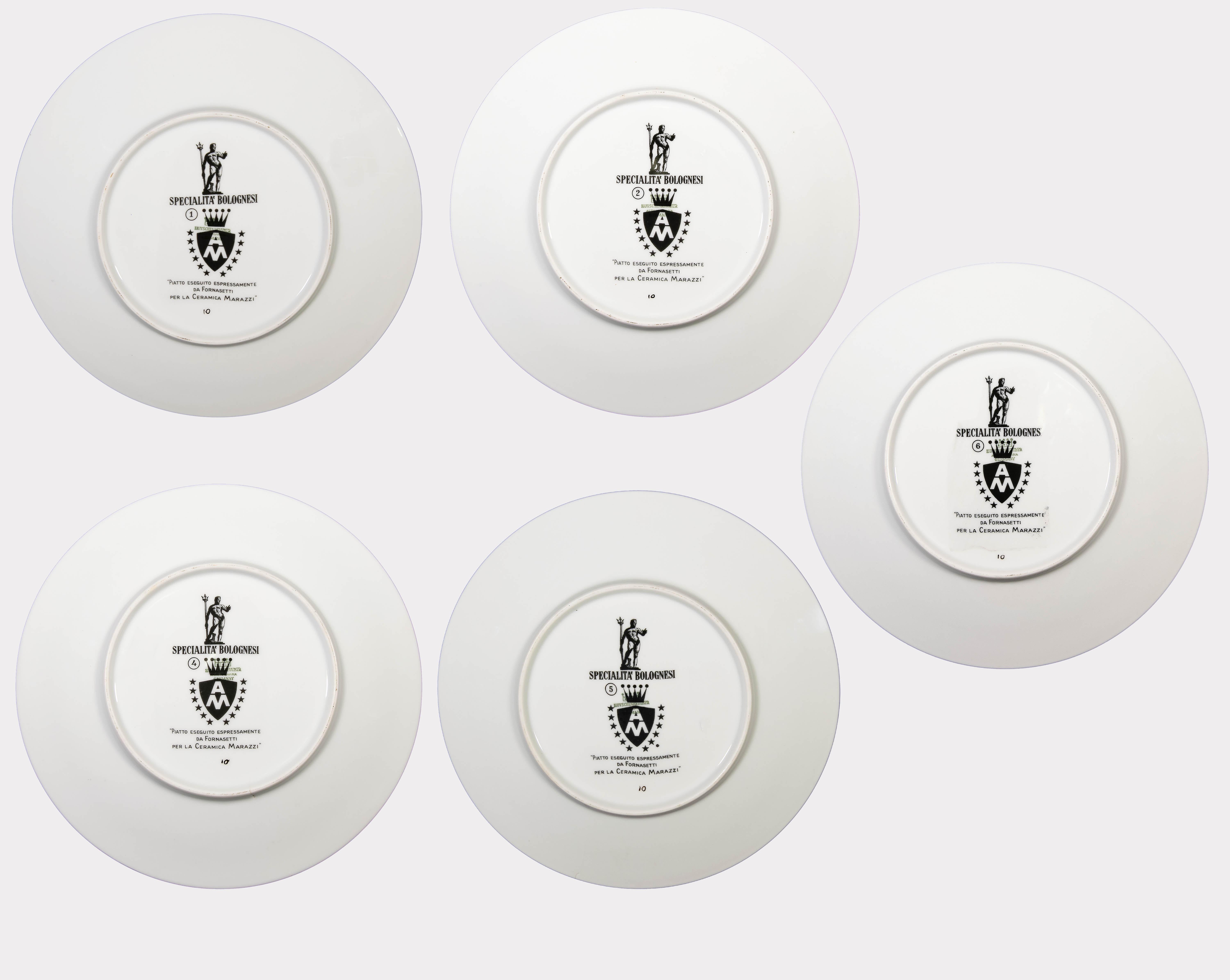 Fornasetti's plates - Recipes is a set of plates realized by Piero Fornasetti between the 1960s and the 1970s.

Original Italian painted ceramic.

The set is made of five plates depicting italian typical recipes.

The stamp of the porcelain