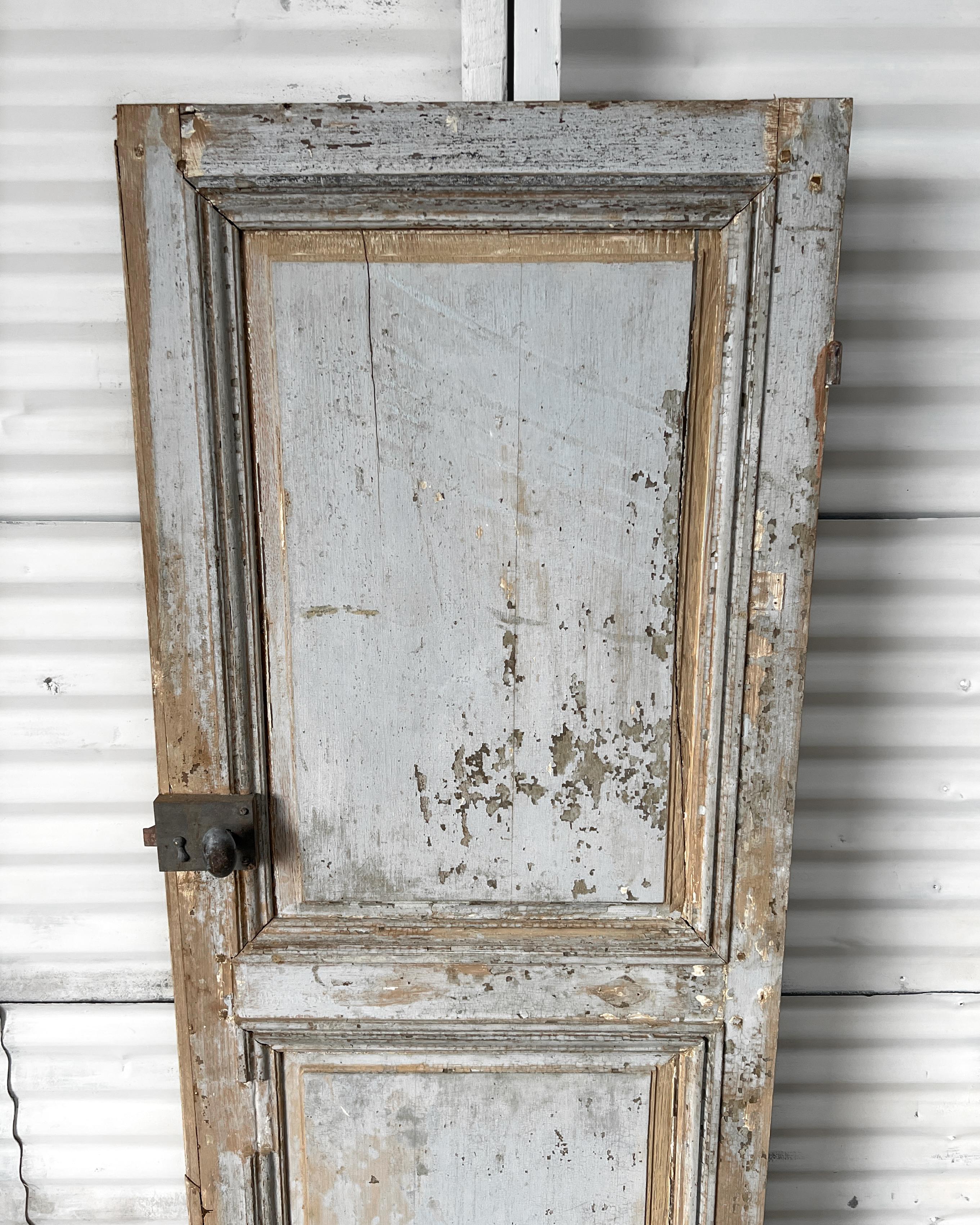 Oak Reclaimed 19th Century French Door with Weathered Blue Paint For Sale