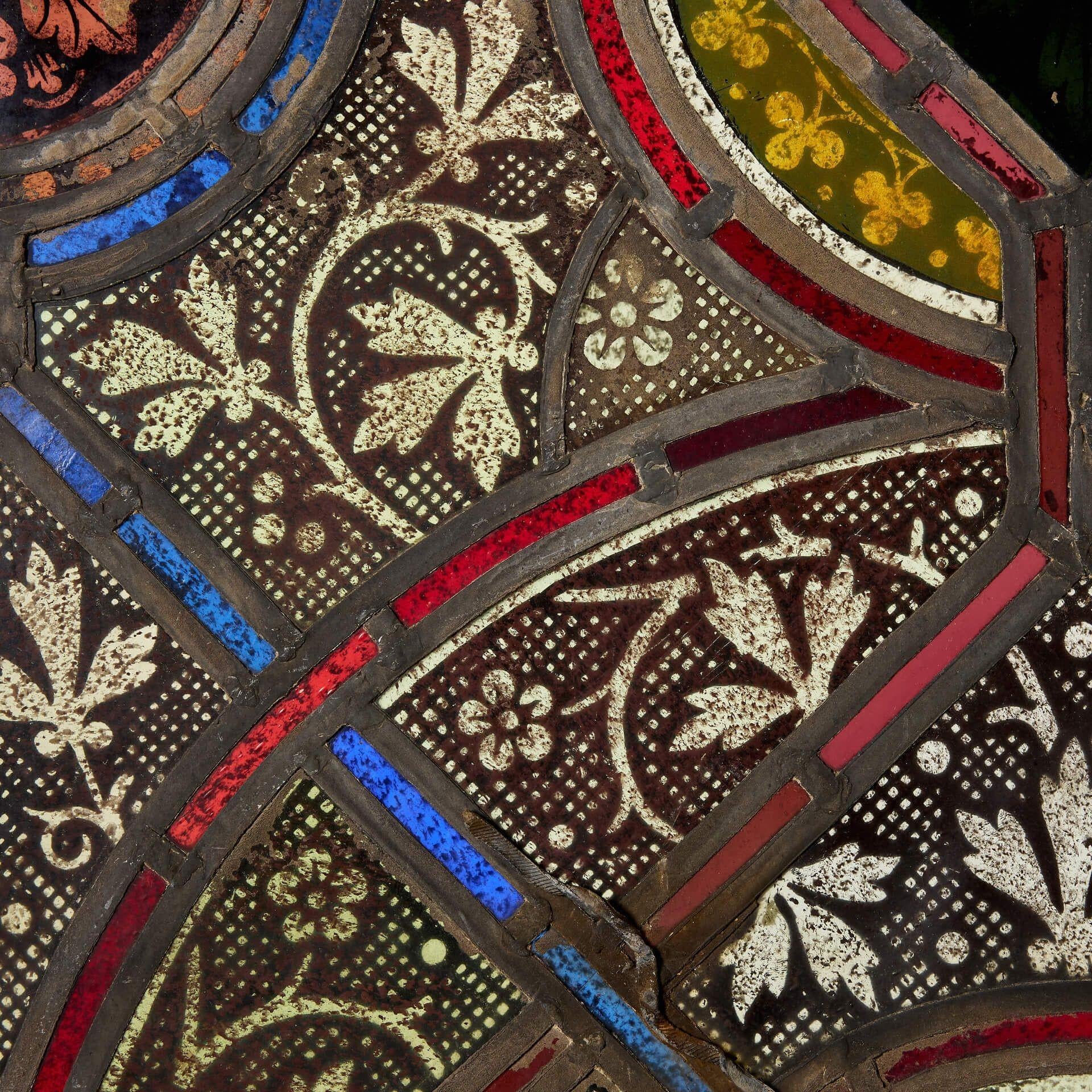 English Reclaimed 19th Century Stained Glass Window with Foliage For Sale