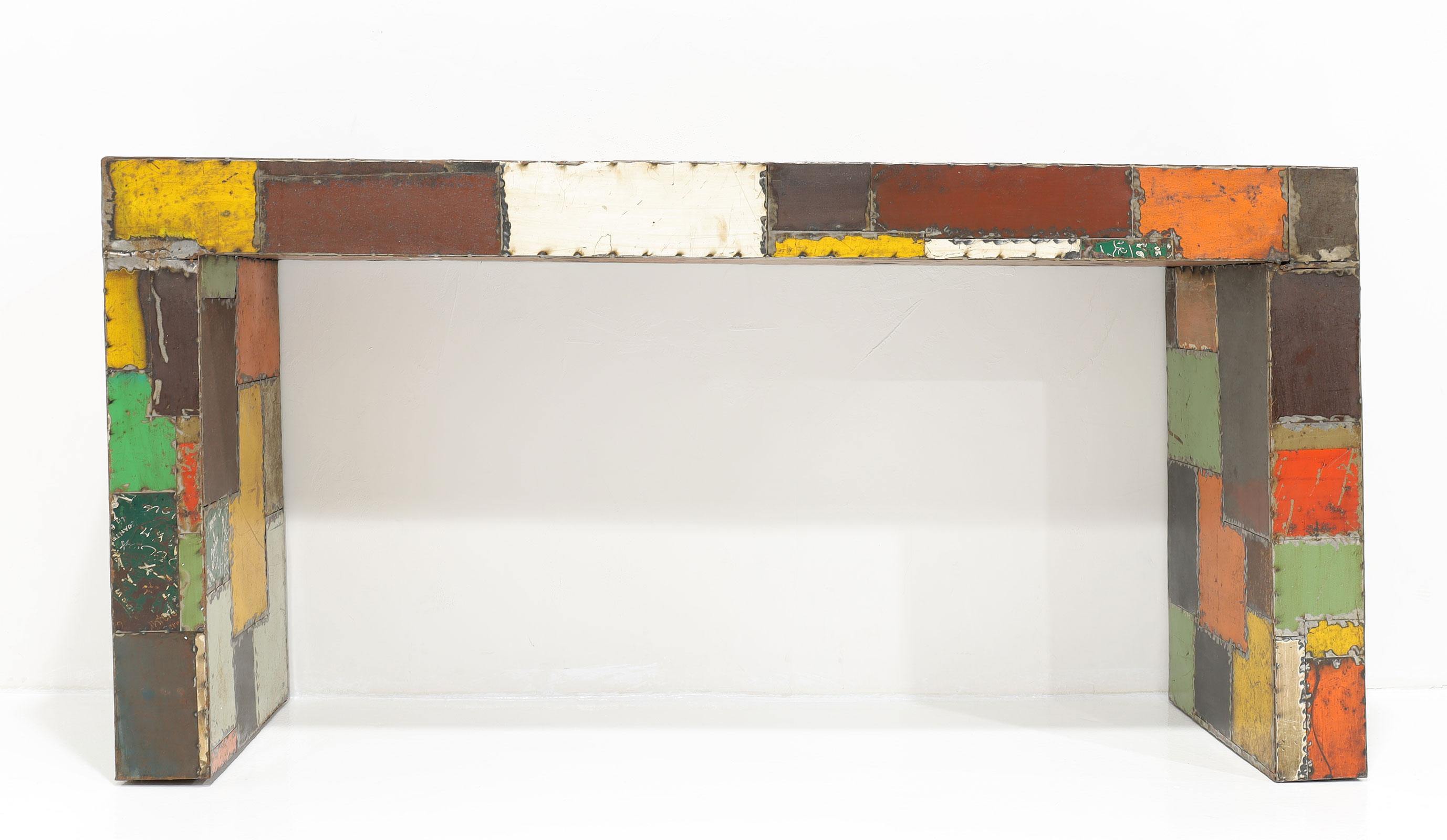 Metal Reclaimed Aluminum Patchwork Console from the Jim Carrey Collection For Sale