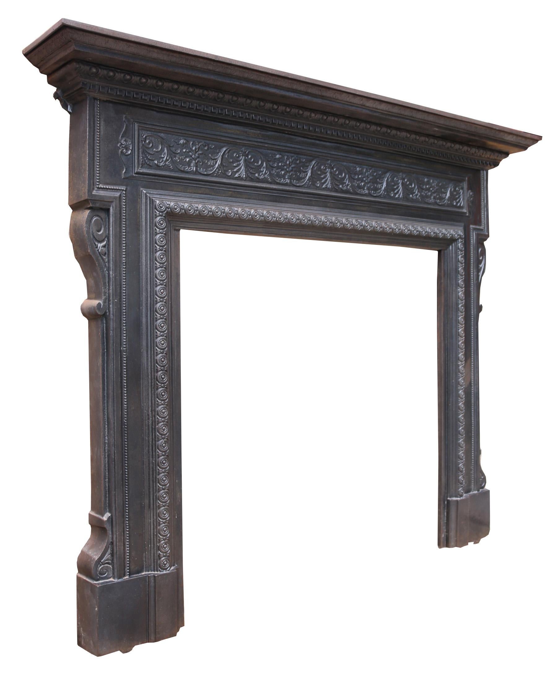 Victorian cast iron fire surround decorated in the Adam style.

Reclaimed from a house in Kensington, London.

Measures: Height 136 cm

Width 169.5 cm

Depth 23 cm

Opening height 97 cm

Opening width 96.5 cm

Width between legs 146