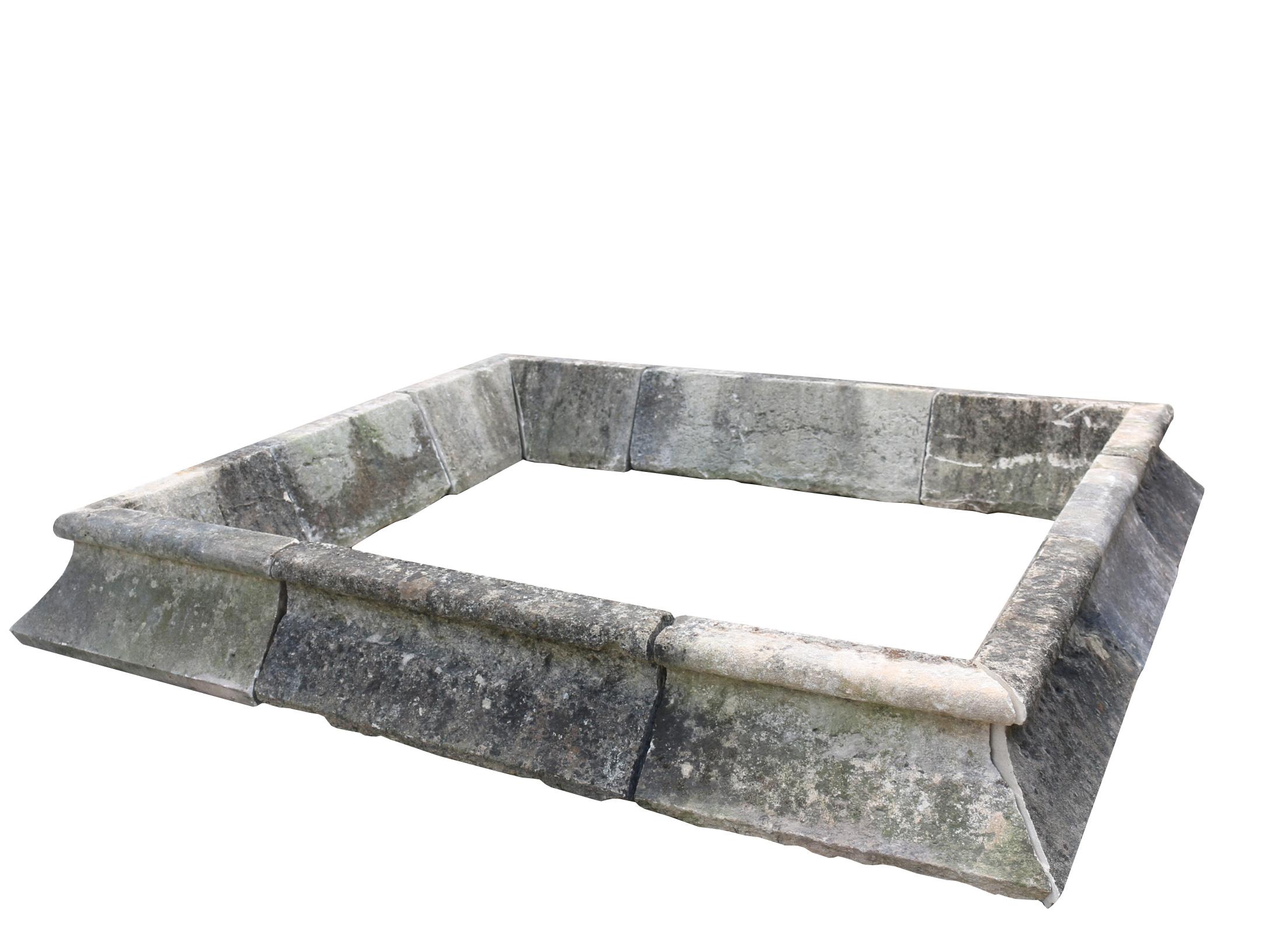 This pool /pond surround is well weathered with minor wear throughout.

External 229 cm x 101 cm
Internal 140 cm x 166 cm
Profile 30 cm x 30 cm
Weight 920 kg.