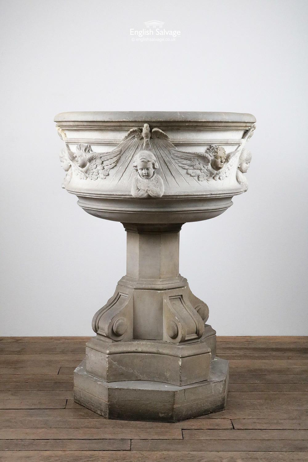 Impessive salvaged stone church font. Carved with the Biblical quote 