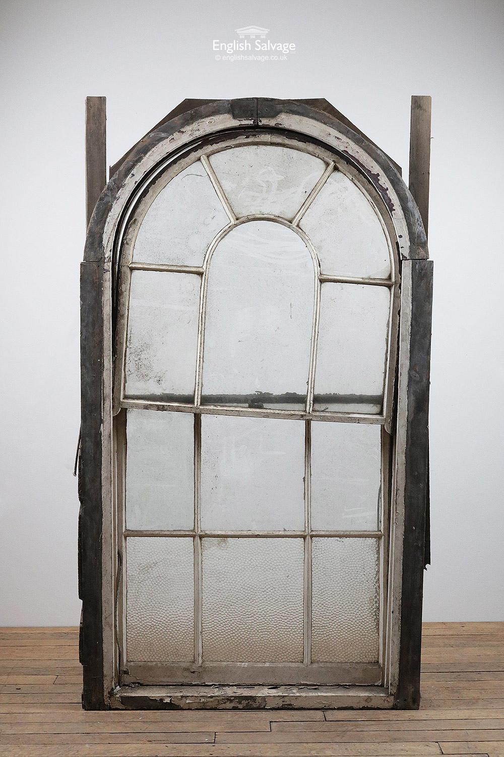 European Reclaimed Arched Wooden Sash Window and Frame, 20th Century For Sale