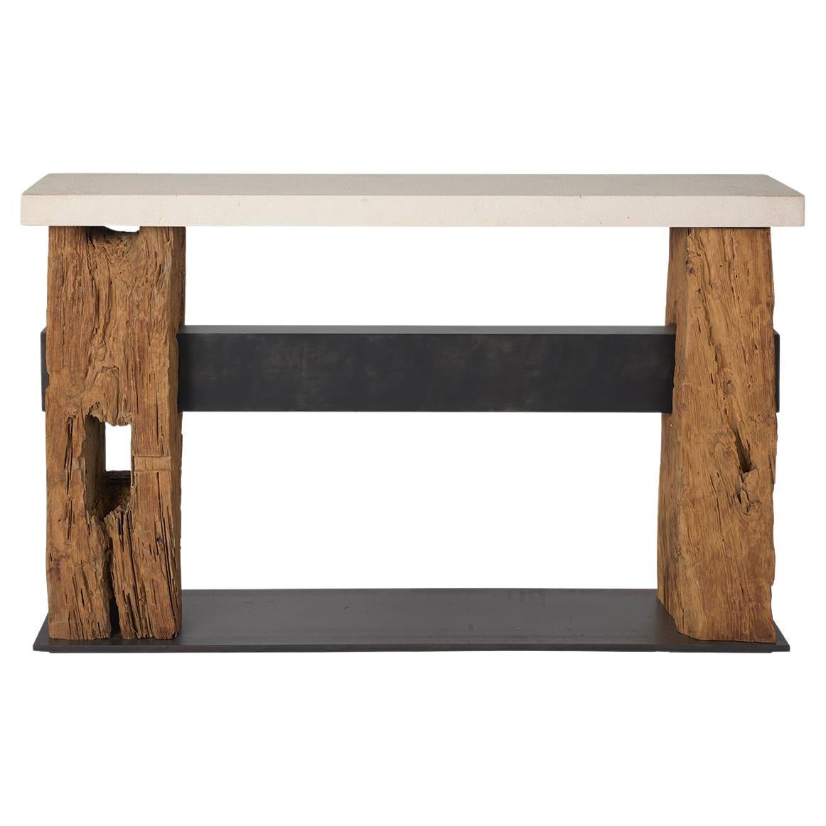 Reclaimed Architectural Pine Beams with Metal Stretcher and Limestone Top