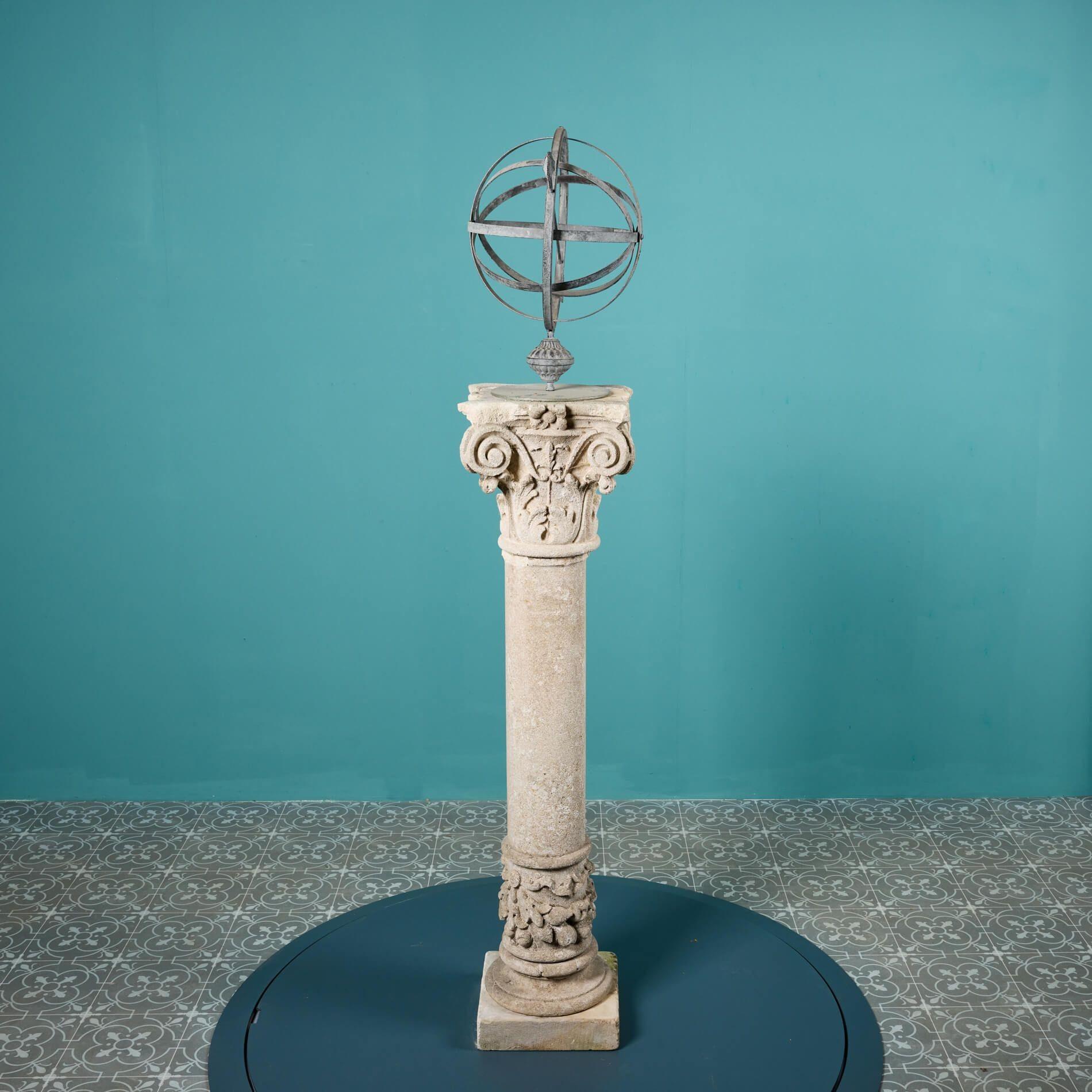 English Reclaimed Armillary Sundial on Limestone Pedestal