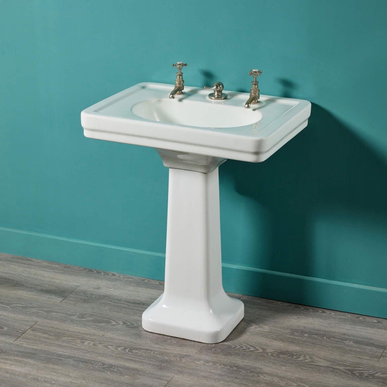 Lavabo Art Déco émaillé Blanc Sur Piètement Colonne - XXe Siècle - Dimensions 92x91x58 Cm
