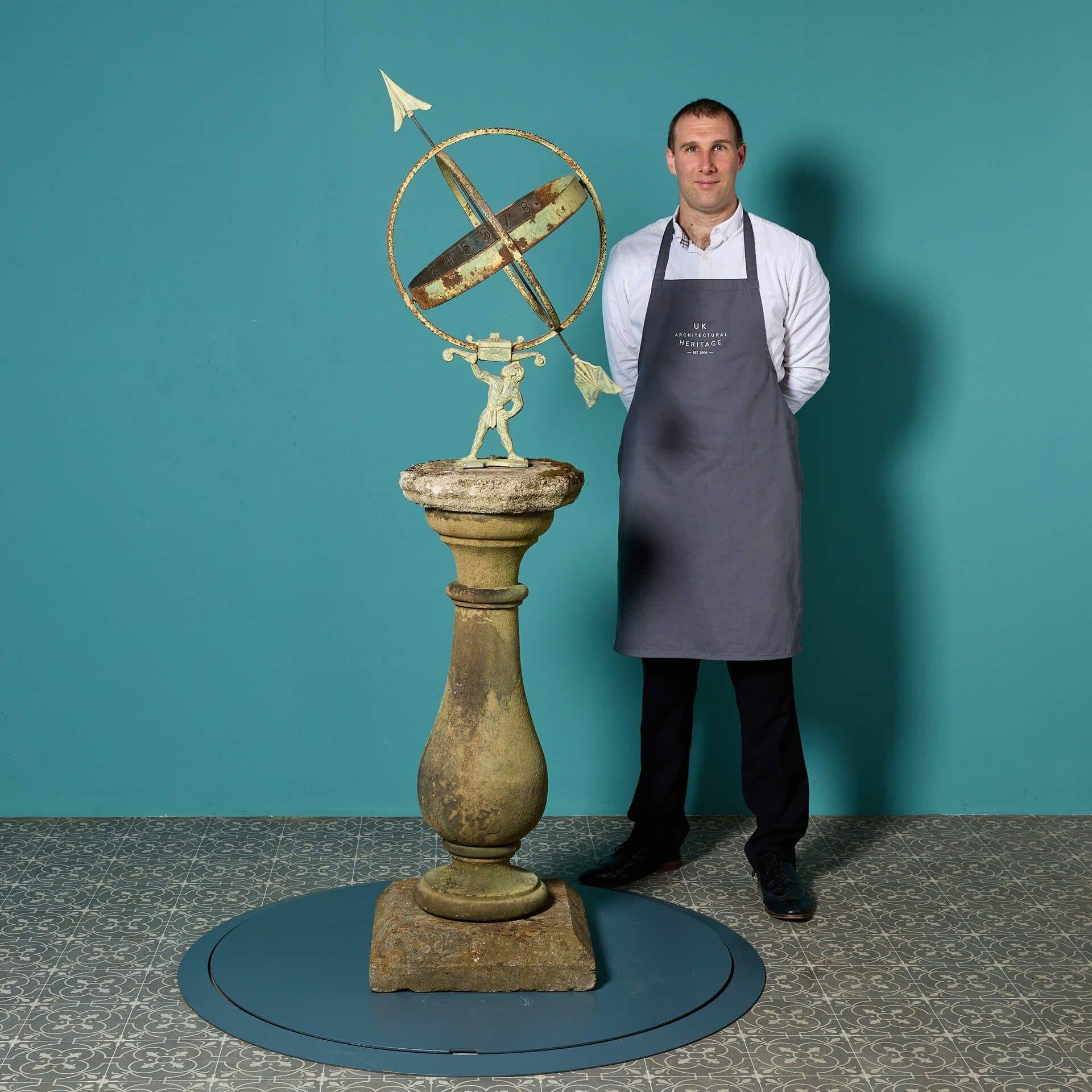 A handsome feature of any garden, this reclaimed sundial sees a mid 20th century Swedish cast metal Atlas armillary brought together by an early 20th century English York stone baluster base with octagonal composition stone top.

Both the dial and