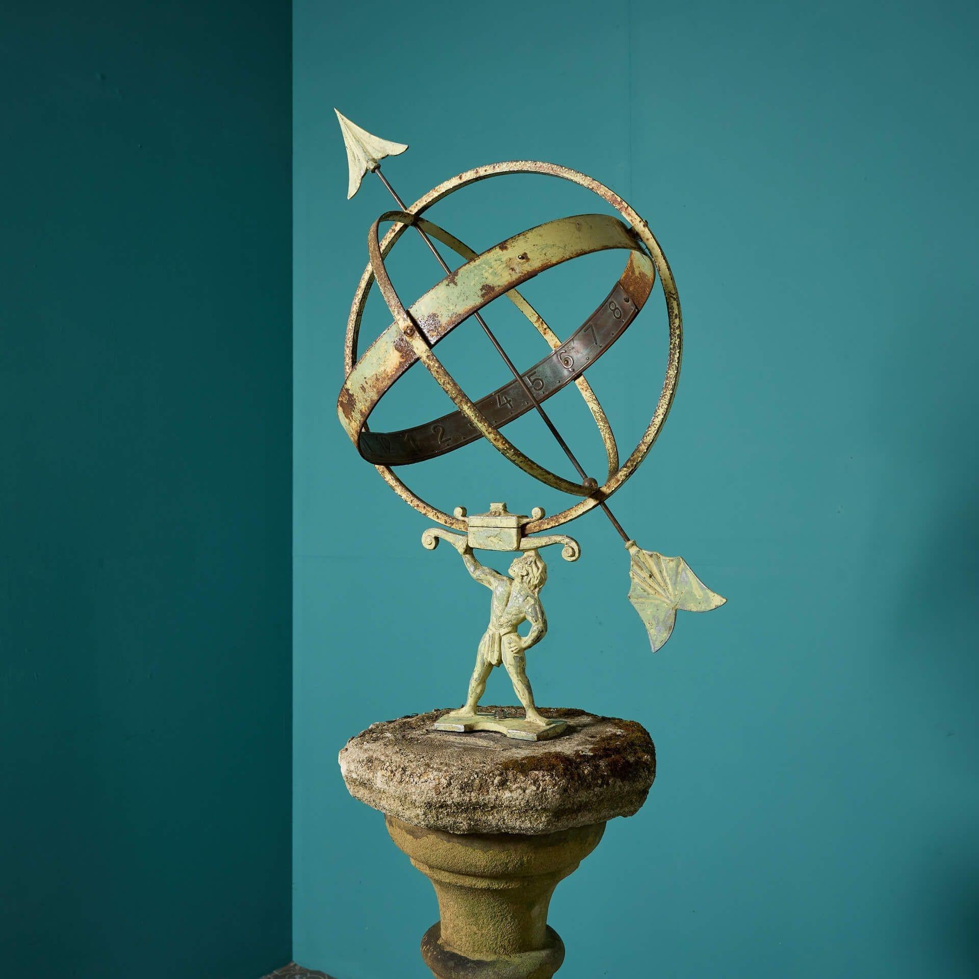 Victorian Reclaimed Atlas Armillary Sundial on Weathered Stone Pedestal For Sale