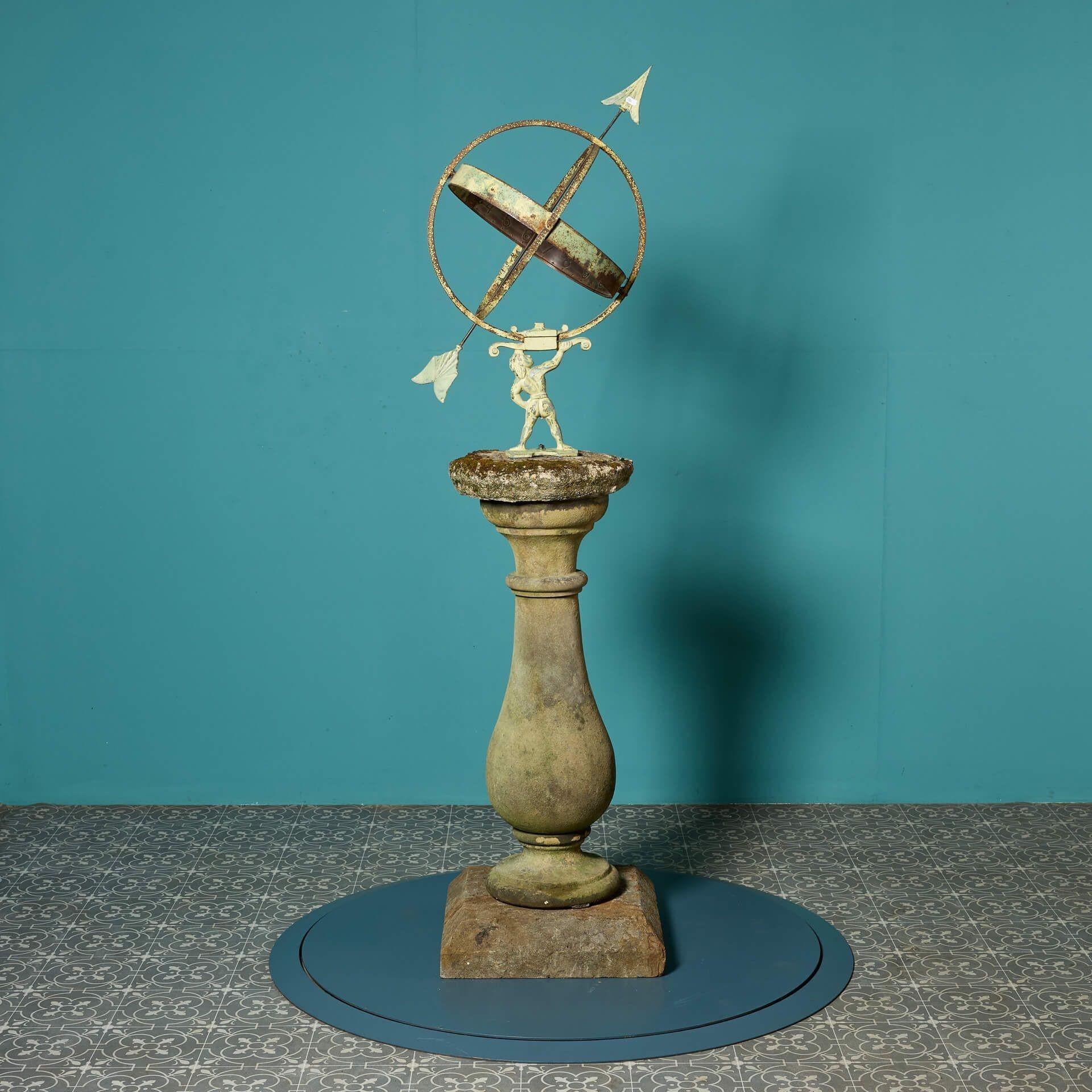 Metal Reclaimed Atlas Armillary Sundial on Weathered Stone Pedestal For Sale