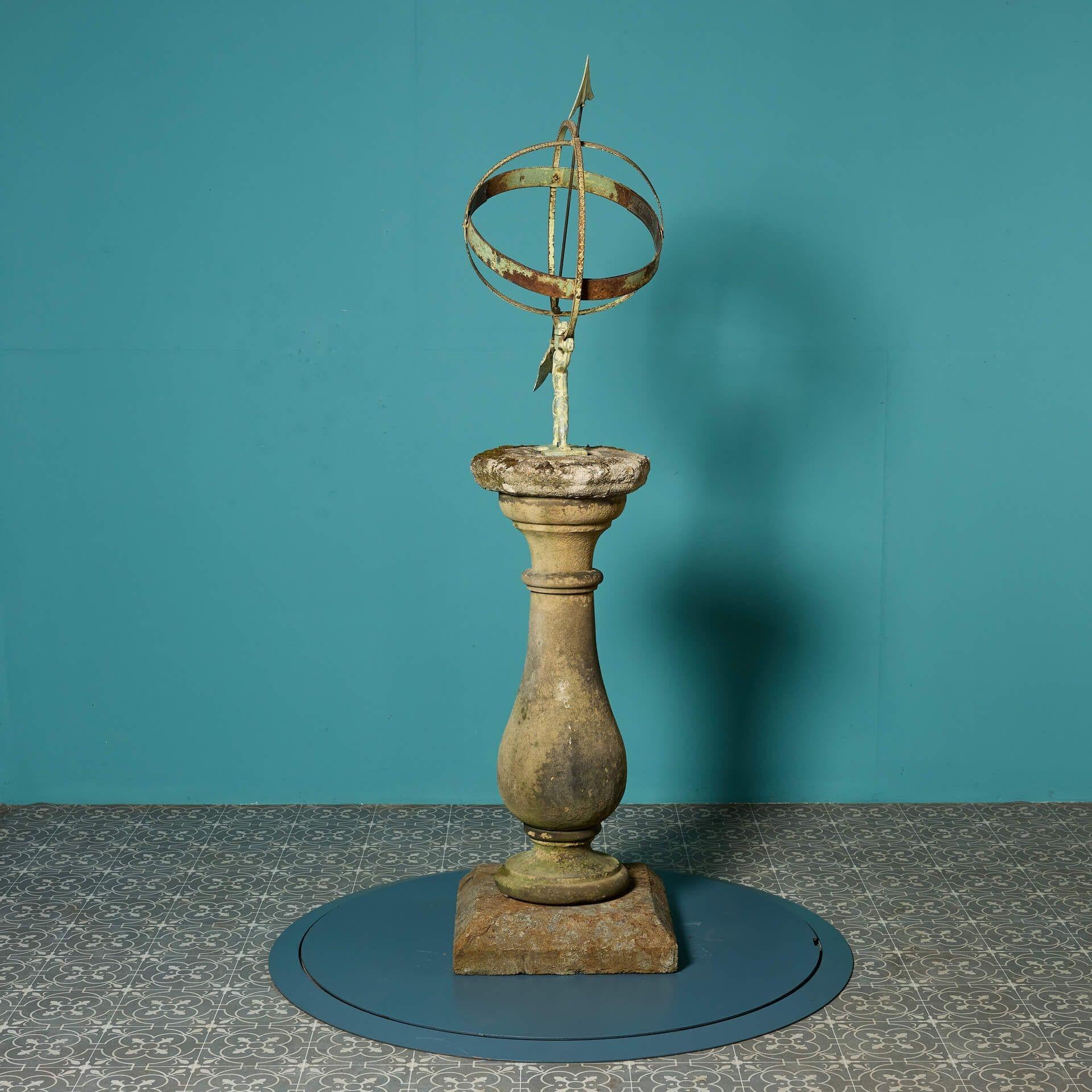 Reclaimed Atlas Armillary Sundial on Weathered Stone Pedestal For Sale 1