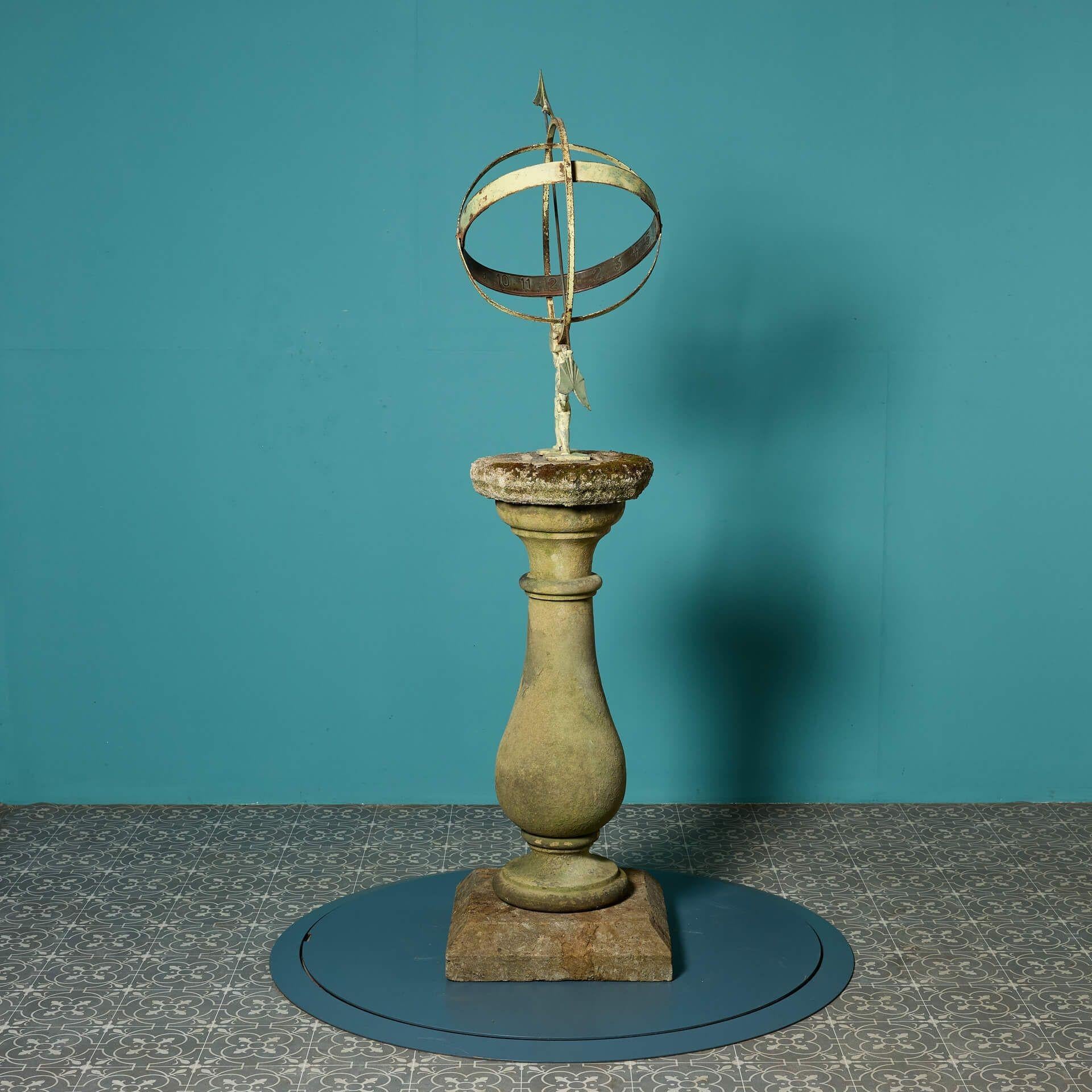 Reclaimed Atlas Armillary Sundial on Weathered Stone Pedestal For Sale 2