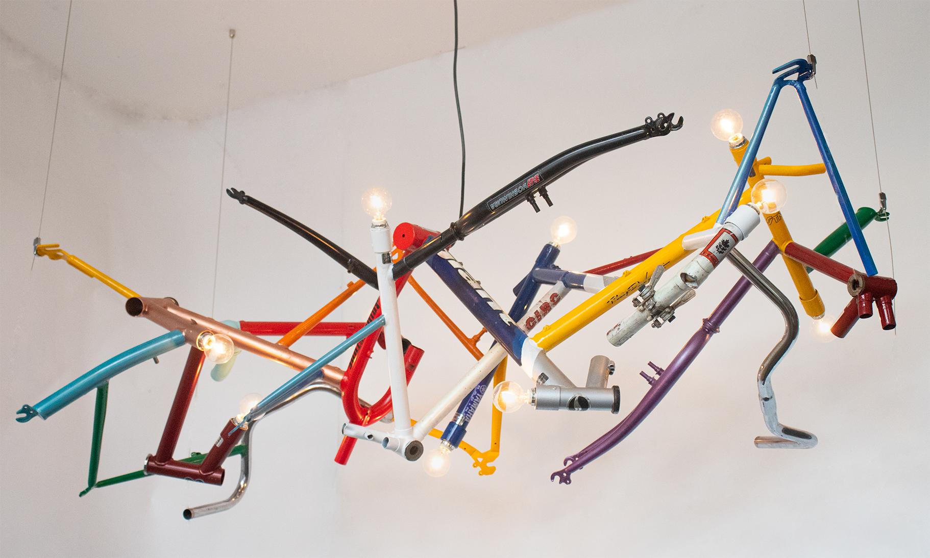 The BICYCLE Chandelier is composed of reclaimed bicycle frames, welded together to create a dynamic and cool fixture. This light is the perfect option for playful interiors looking for a sculptural edge. 

Design and Collaboration by: John Tong,