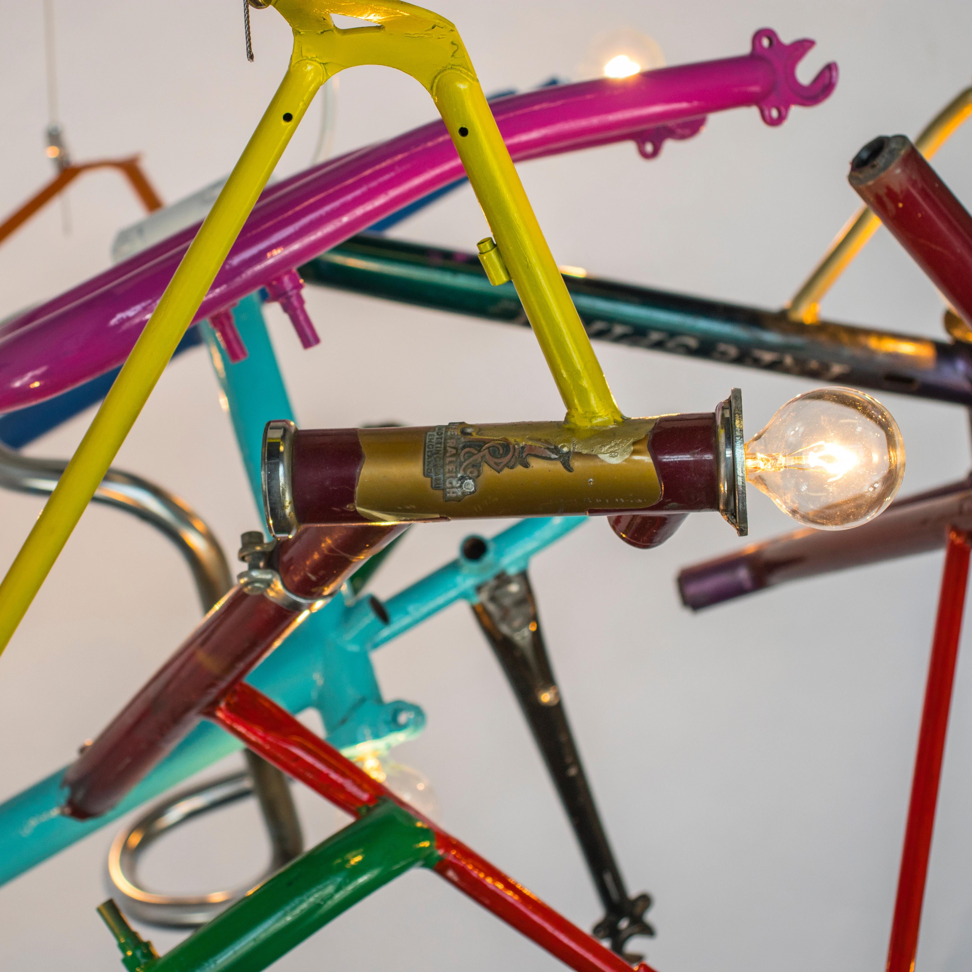 Hand-Crafted Reclaimed Bicycle Chandelier, Linear For Sale