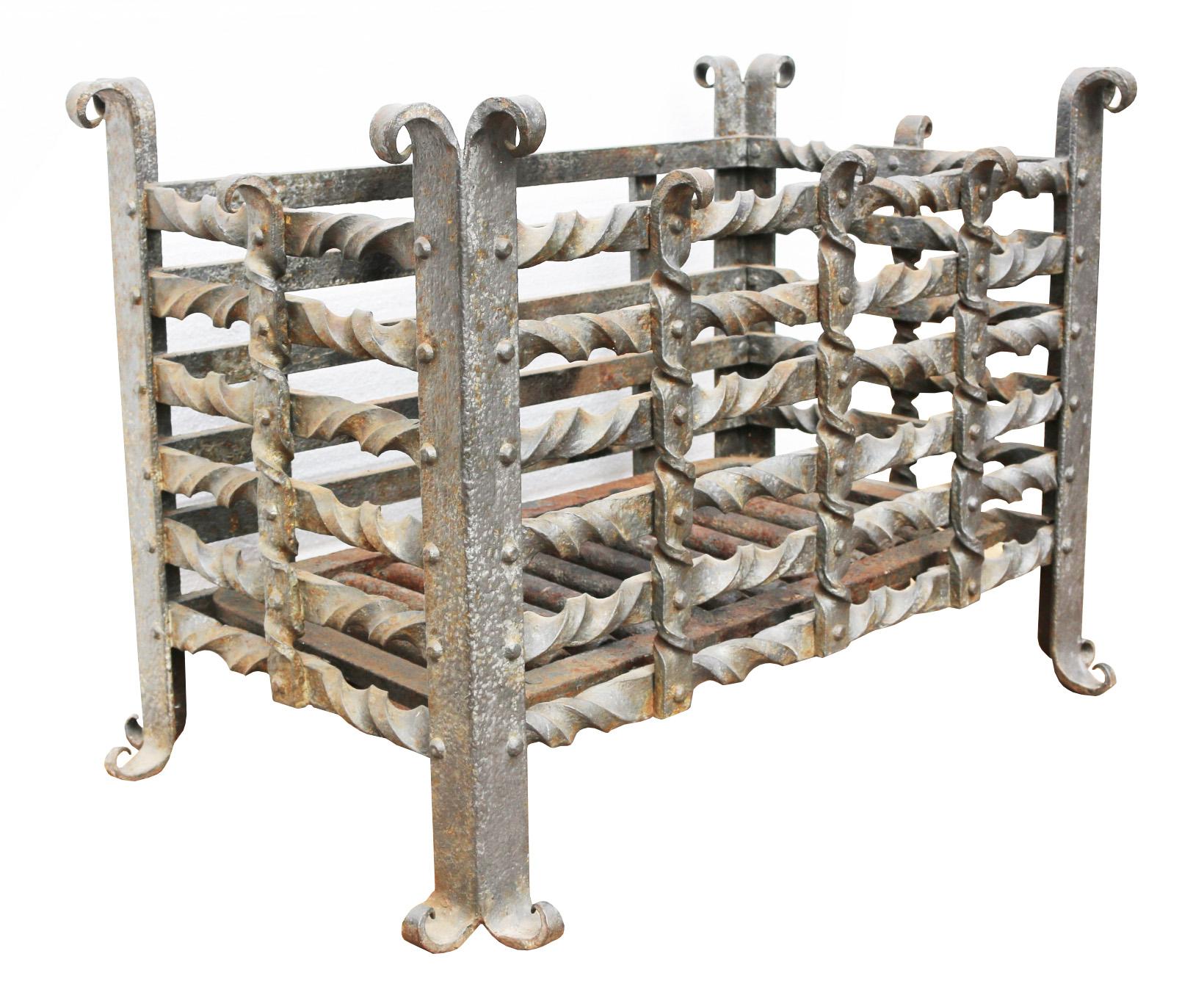 English Reclaimed Blacksmith Made Wrought Iron Fire Basket