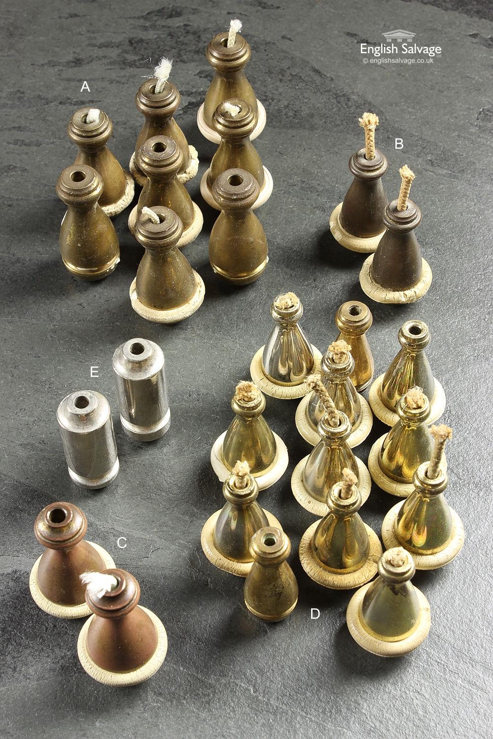 Reclaimed variety of brass and nickel-plated blind, sash weights or pulls, approximate height between 5 and 6 cm. Quantities as follows:-
A = 8 / B = 2 / C = 2 / D = 12 and E sold.