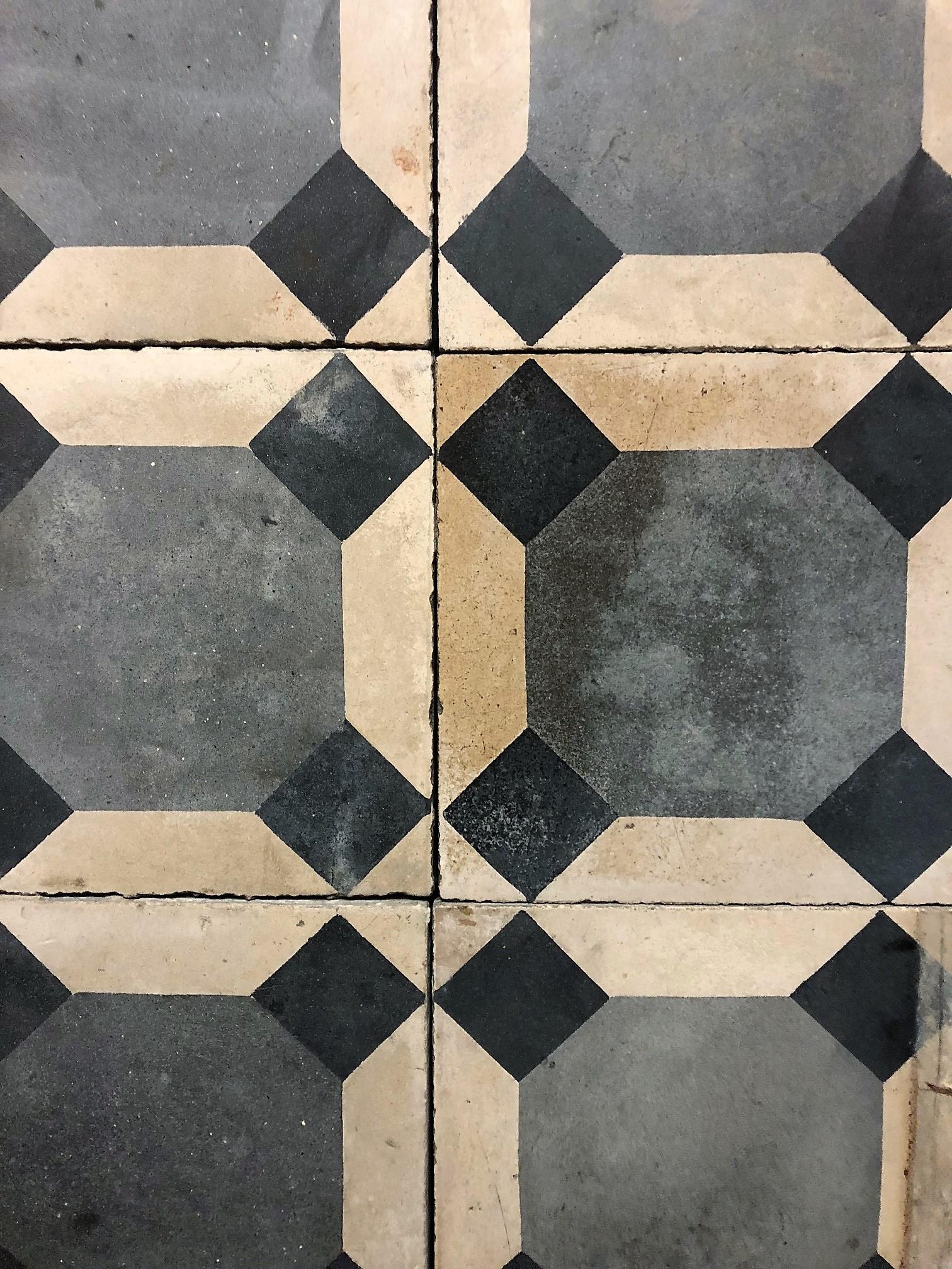 Priced per sq. ft.
Measured by sq. ft.

Beautiful, hand painted, reclaimed antique, cement tile flooring was imported from France,

circa 1890.