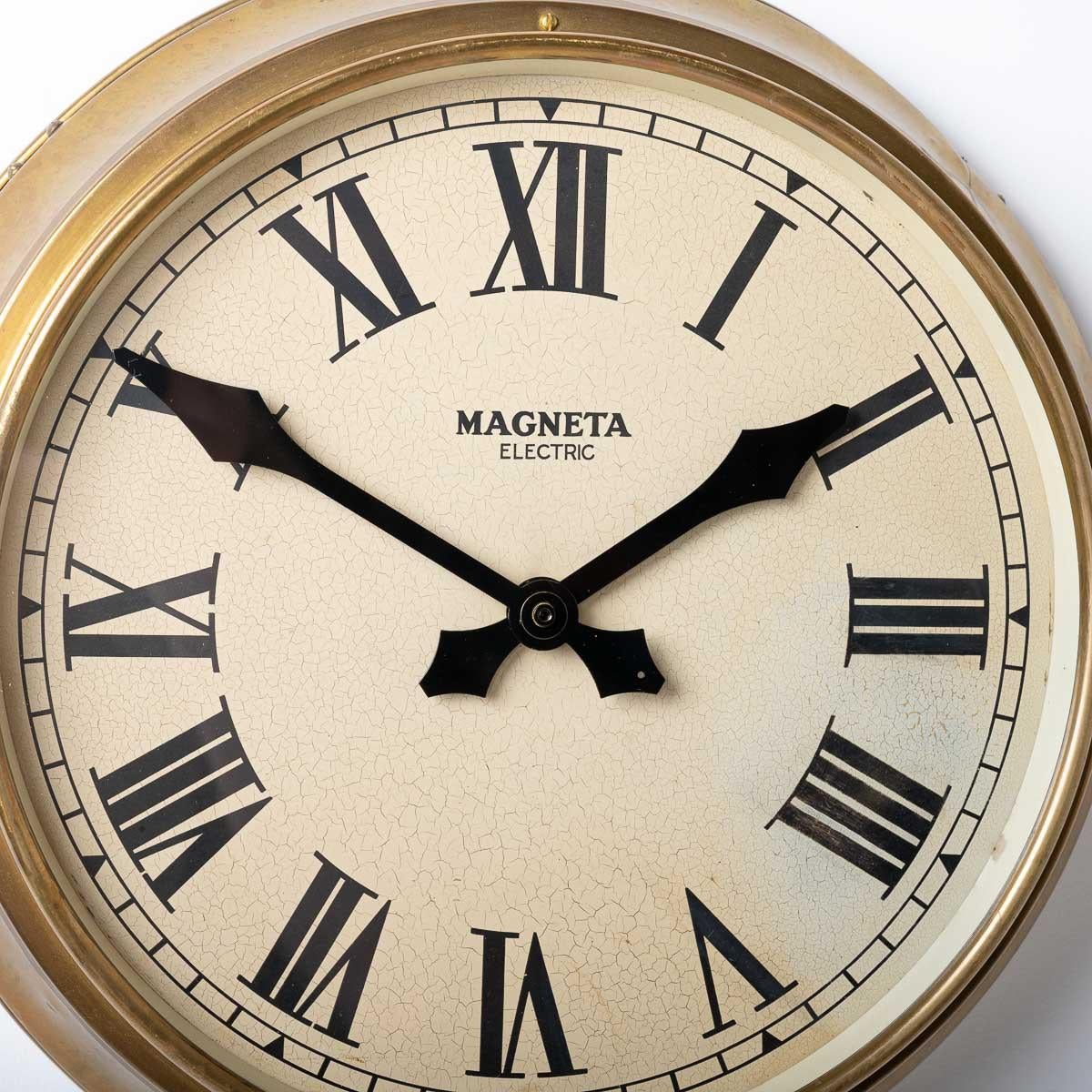 RECLAIMED BRASS BRITISH RAILWAY WALL CLOCK

A beautiful brass vintage clock by Magneta Time Co Ltd 

The brass case has been polished and unsealed ready to age naturally, the hands display the wonderful diamond shaped tips and tails unique to