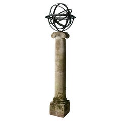 Reclaimed Bronze Armillary Sun Dial on 19th Century English Limestone Column