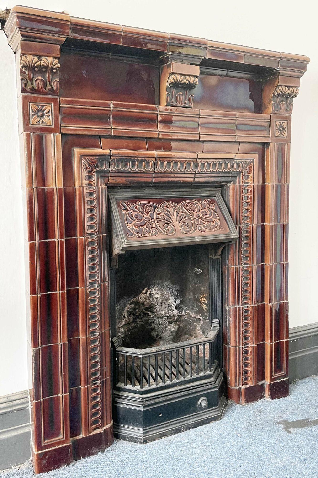 Victorian Reclaimed Brown Glazed Ceramic Fire Mantel For Sale