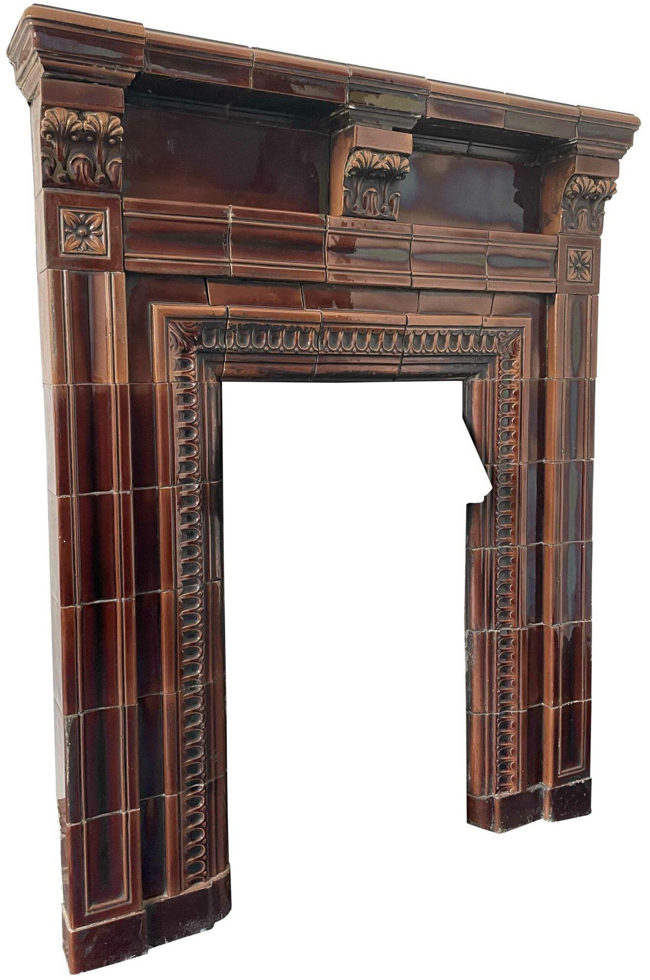 English Reclaimed Brown Glazed Ceramic Fire Mantel For Sale