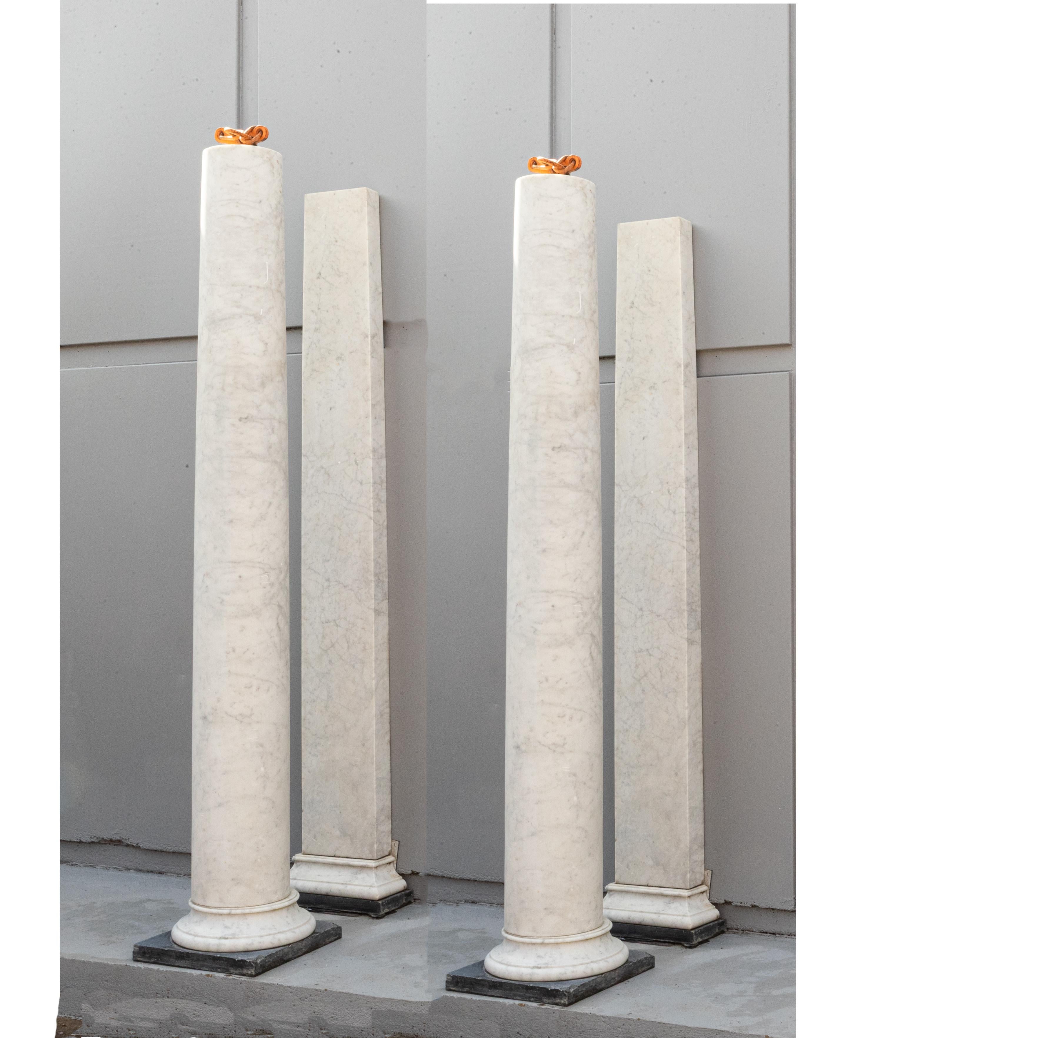 An impressive set of Carrara marble columns reclaimed from a Scottish estate. The architectural piece is being sold as a set. Comprised of several elements, with a smooth finish that highlights the stone’s natural veining.

Perfect for grand