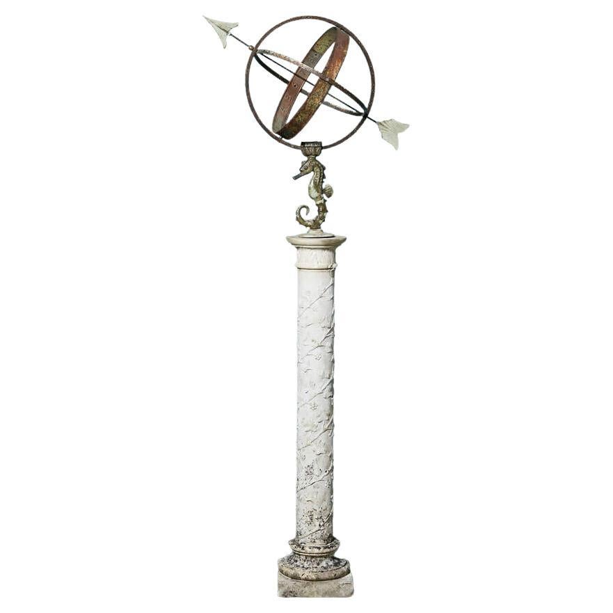Reclaimed Carrara Marble Seahorse Armillary Garden Sundial For Sale