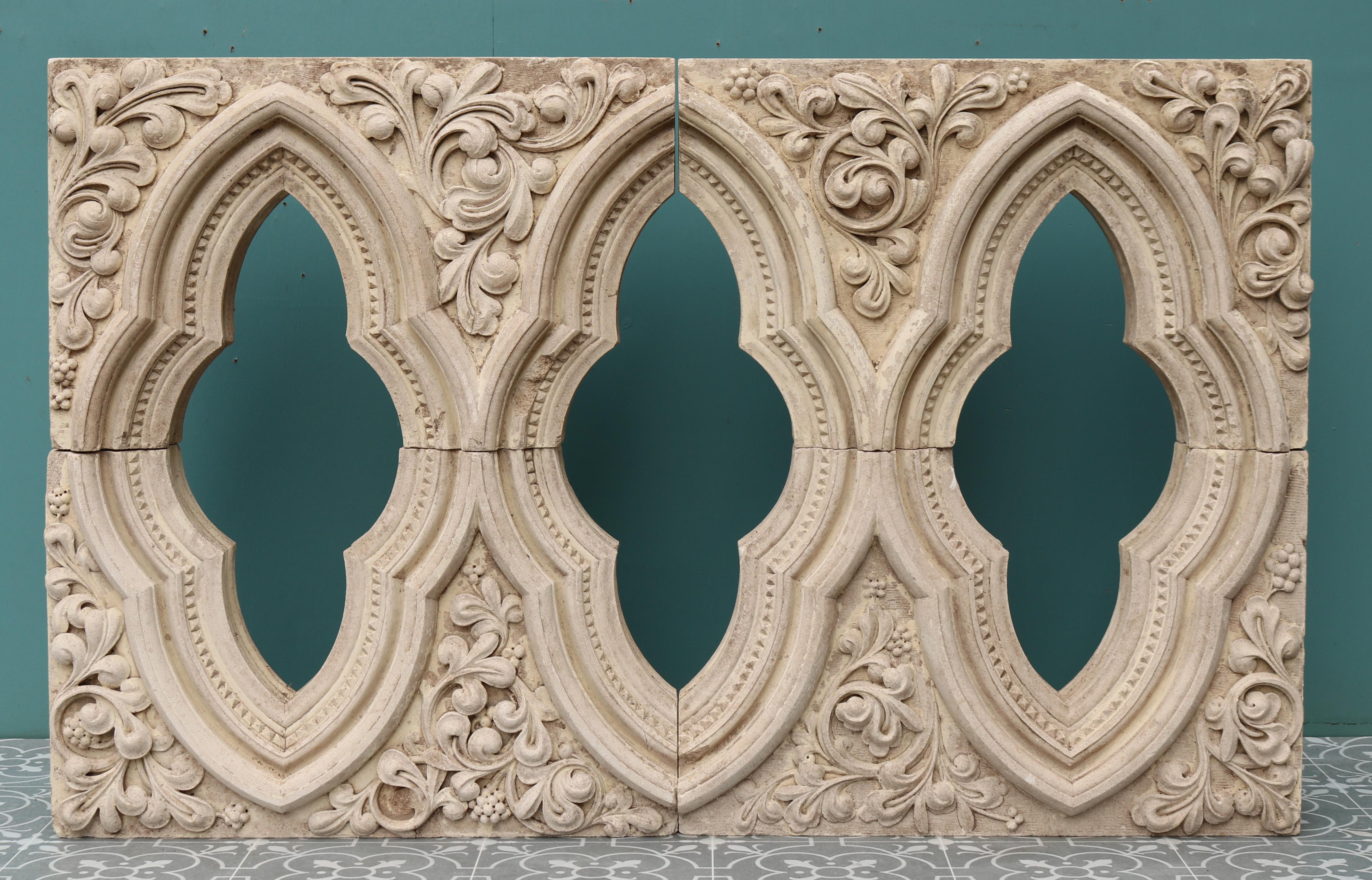 A richly carved limestone window salvaged from a church in Shropshire.