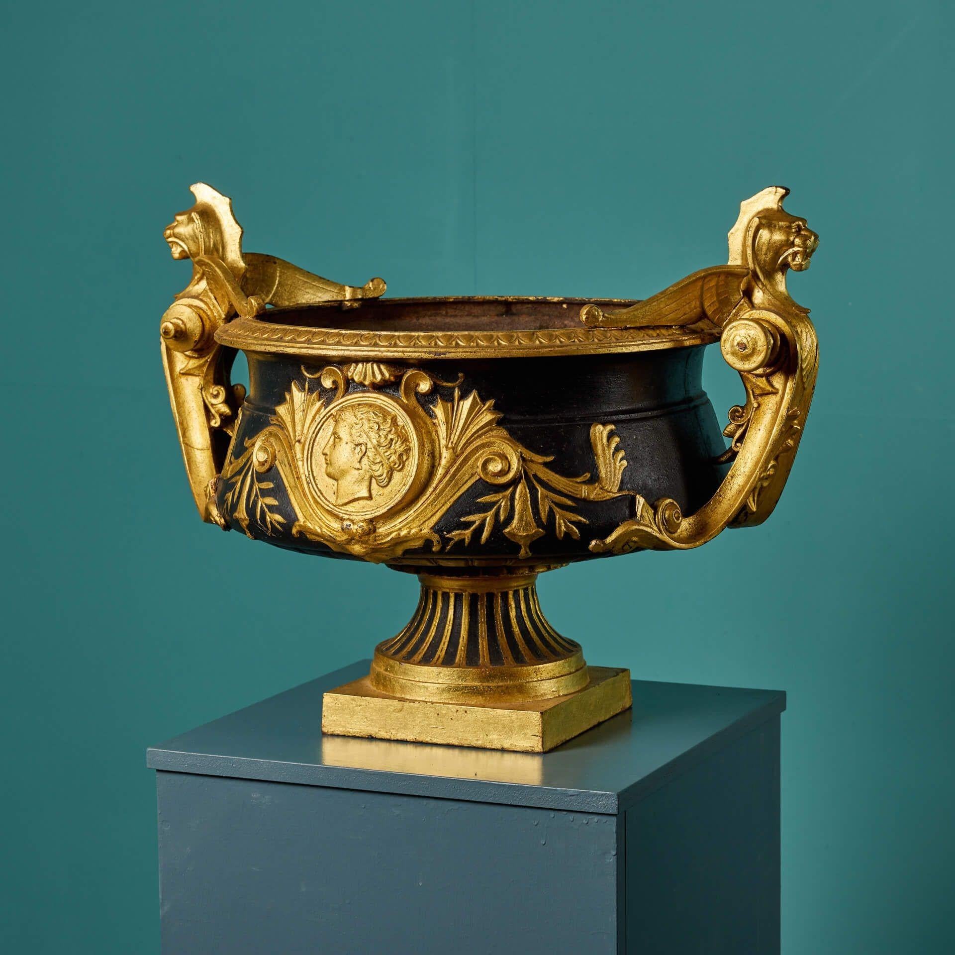 French Cast Iron Gilded Antique Urn or Jardiniere For Sale