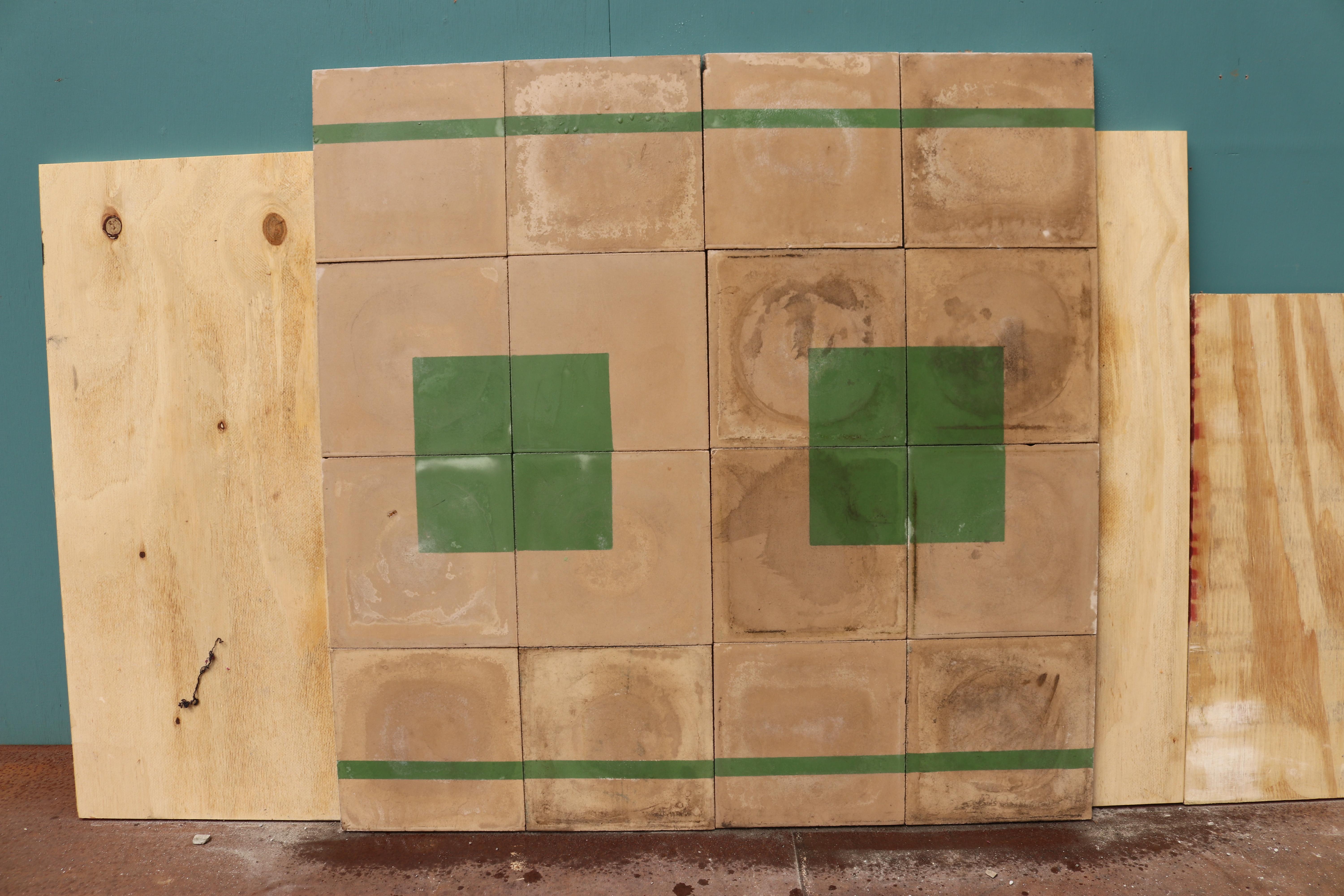A batch of 100 reclaimed encaustic cream cement tiles with a green 'square and line' pattern. These tiles will cover 4 m2 or 43 ft2. Suitable for wall or floors.
 
This set includes:
 
70 tiles forming the square pattern
 
30 tiles forming the line