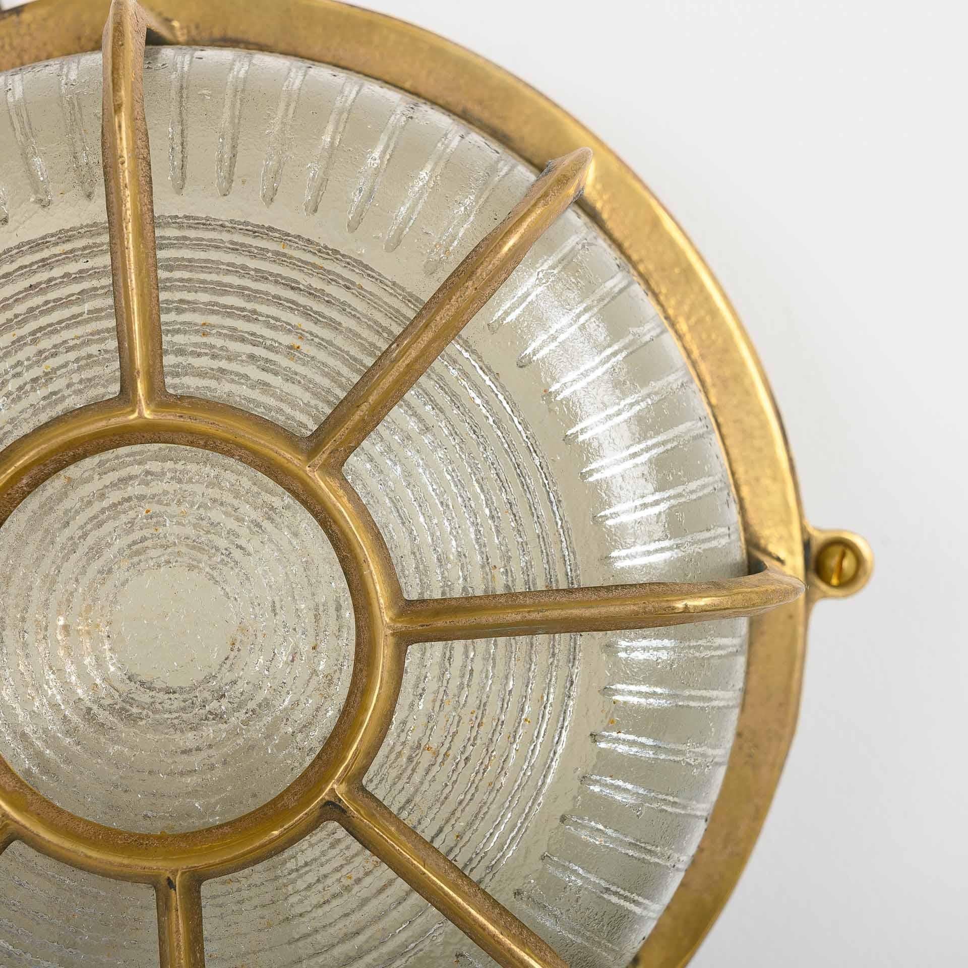 Industrial Reclaimed Circular Brass Ship Bulkhead Lights with Prismatic Glass