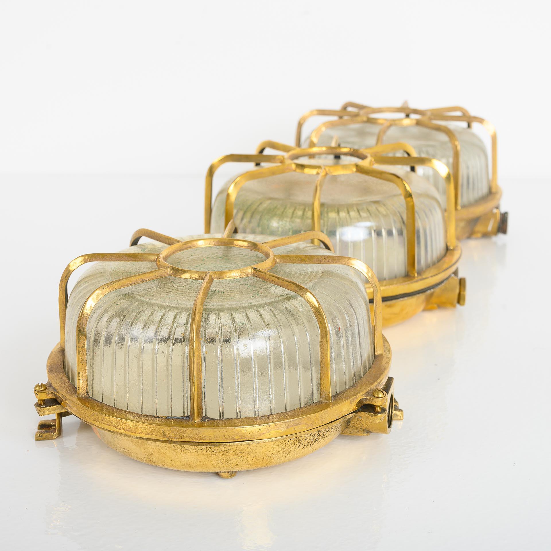 Reclaimed Circular Brass Ship Bulkhead Lights with Prismatic Glass In Good Condition In Nottingham, GB