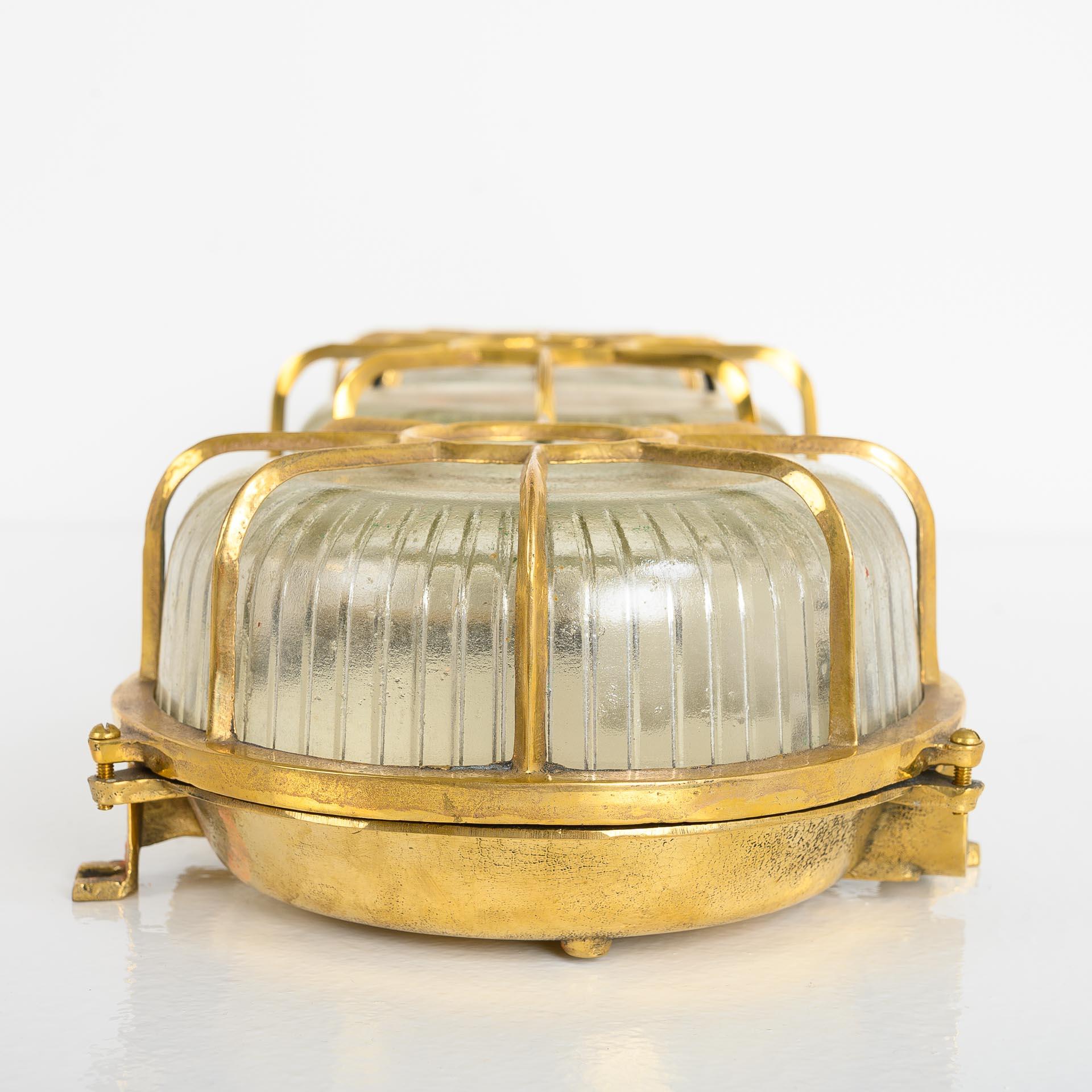 Mid-20th Century Reclaimed Circular Brass Ship Bulkhead Lights with Prismatic Glass
