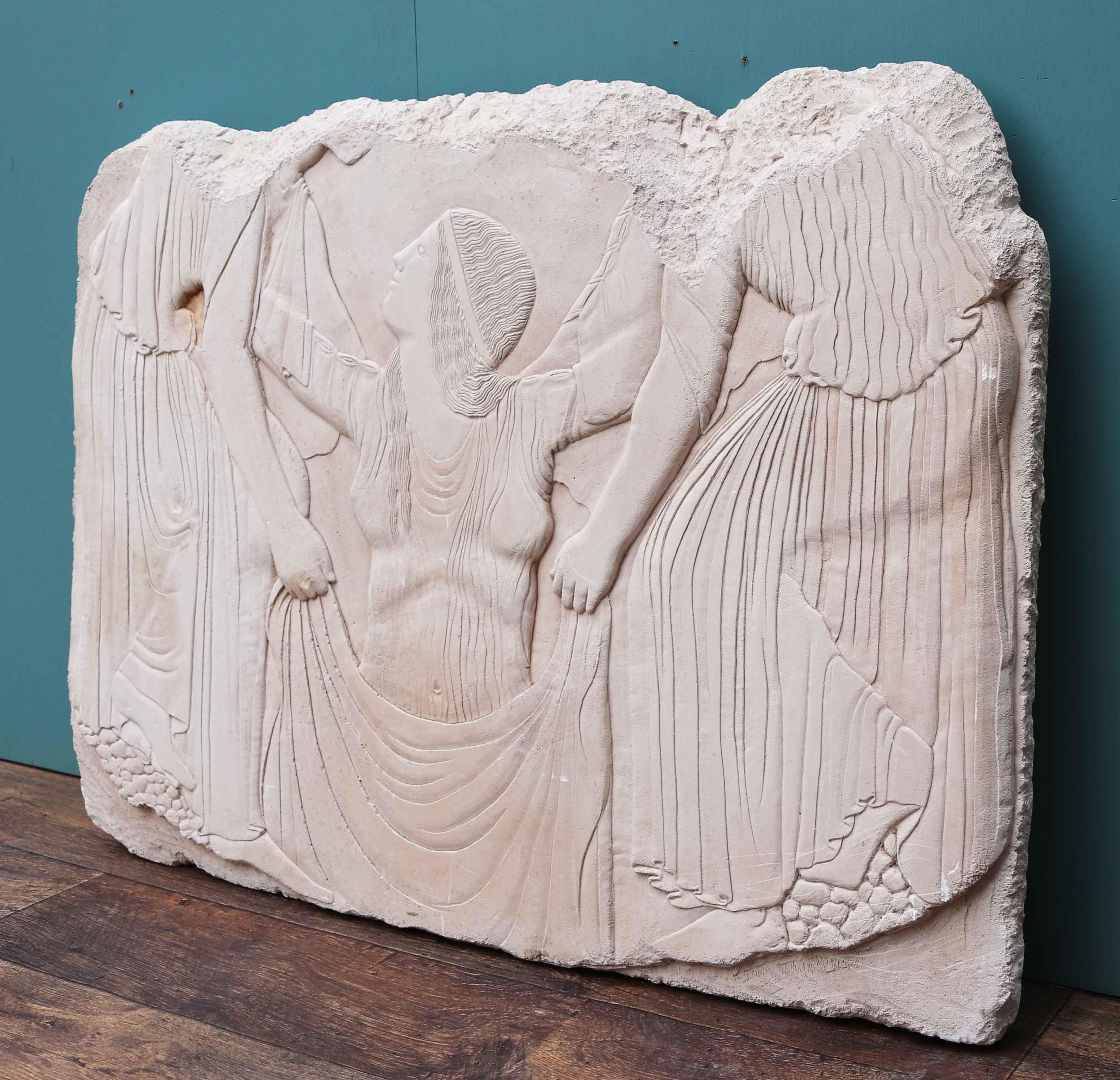 A well executed plaster wall plaque depicting a classical scene in the style of an ancient frieze fragment. Believed French in origin.

So-called “Ludovisi Throne” main panel, Aphrodite attended by two handmaidens as she rises out the surf. The