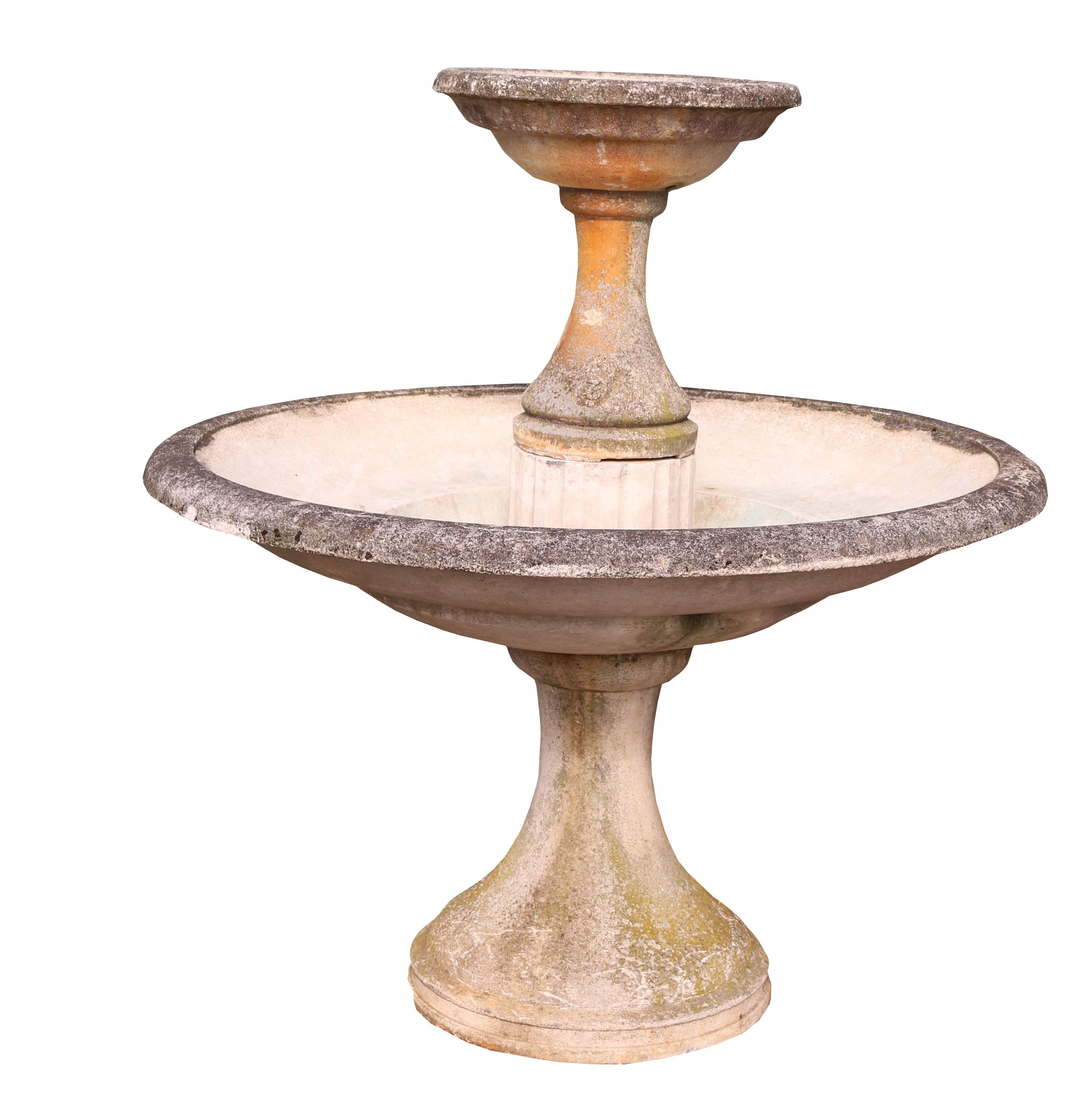 About:

A large composition Portland stone garden fountain. Indistinct makers marks to both parts. This lower bowl would also make an elegant shallow Tazza. A very good quality casting.

Condition report:

Minor chips, losses and weather