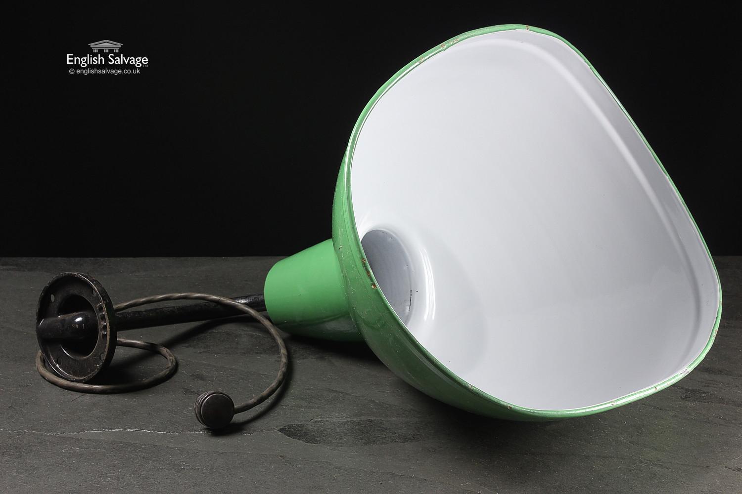 Salvaged green enamel Industrial cowl like shaped wall lights. Shade measures approximately: 50cm x 35cm.

Wiring present, but have not been tested, small nibbles to enamel.

All electrical work/installation must be undertaken by a qualified