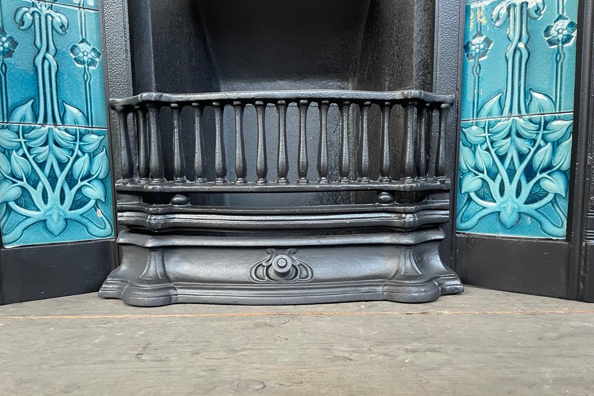 Reclaimed Edwardian Art Nouveau cast iron and tiled fireplace grate 1