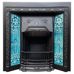 Antique Reclaimed Edwardian Art Nouveau cast iron and tiled fireplace grate