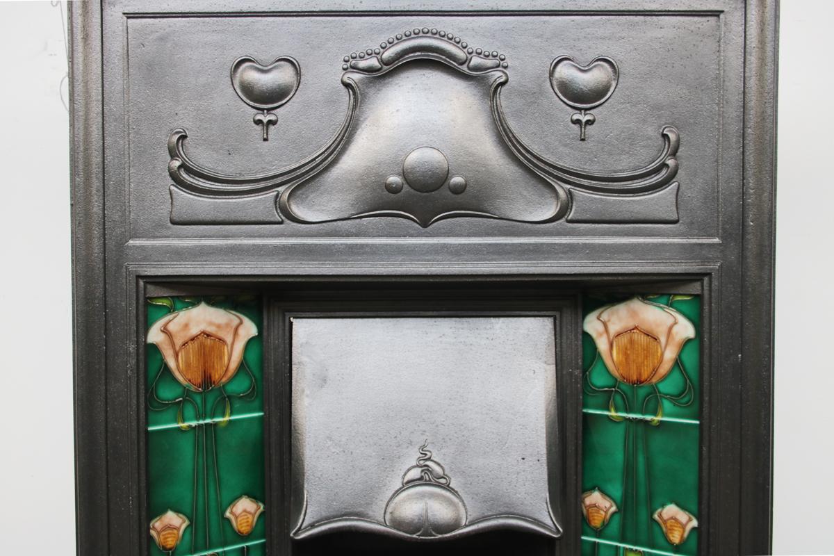 Early 20th Century Reclaimed Edwardian Art Nouveau Cast Iron Combination Fireplace