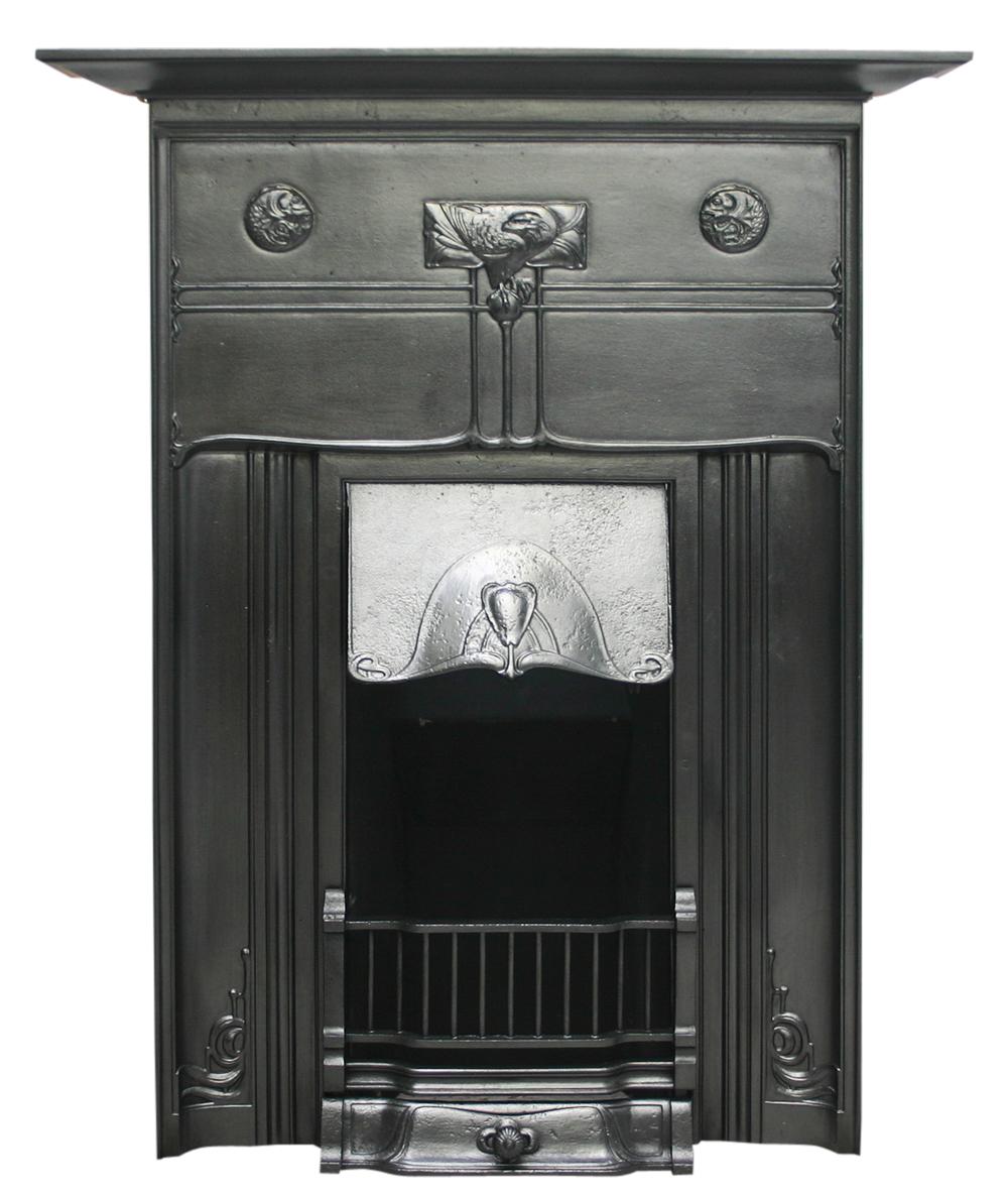 English Reclaimed Edwardian Art Nouveau Cast Iron Combination Fireplace
