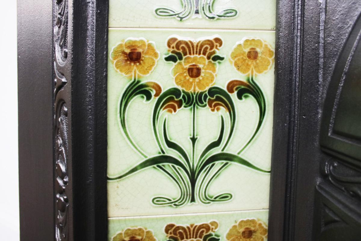 English Reclaimed Edwardian Art Nouveau Tiled Fireplace Grate