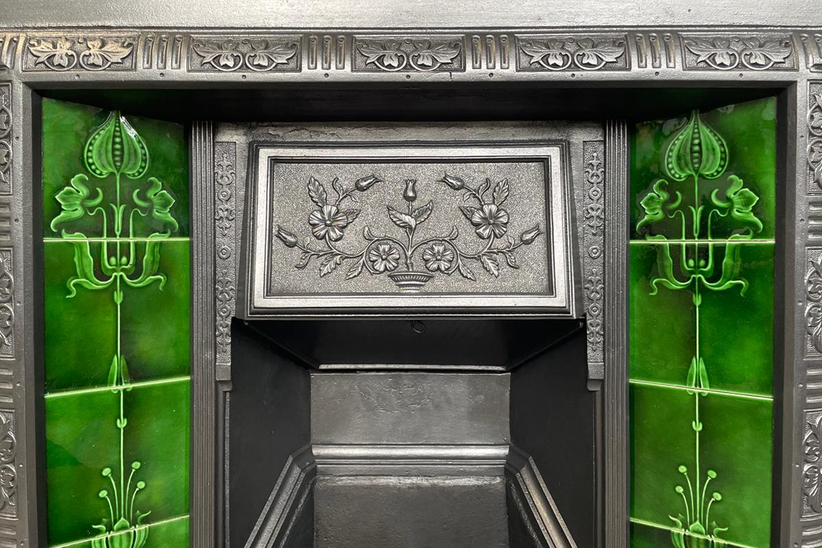 green tiled fireplace