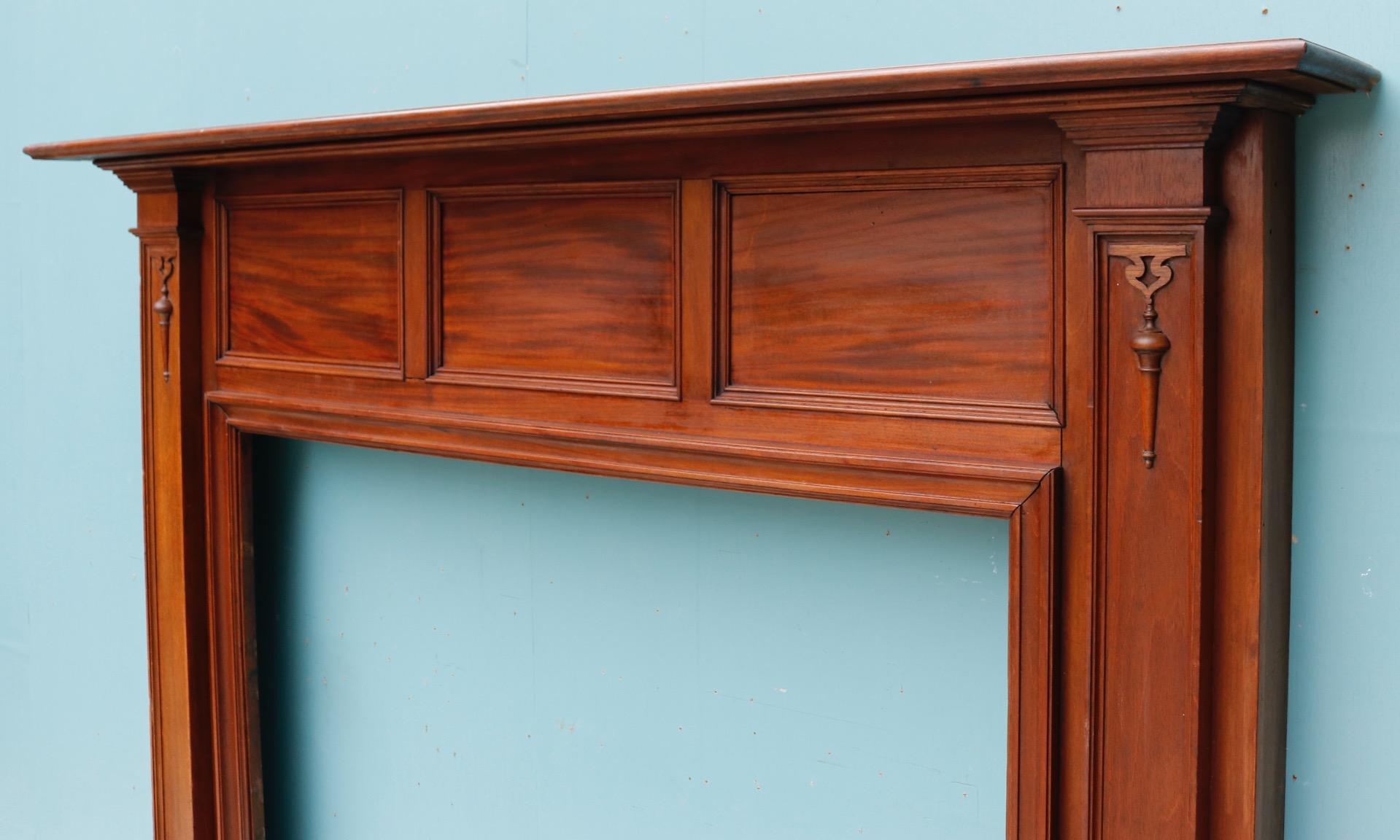 A reclaimed Edwardian style mahogany fire surround.
Additional Dimensions
Opening height 102 cm
Opening width 112 cm
Width between outsides of the foot blocks 157 cm.