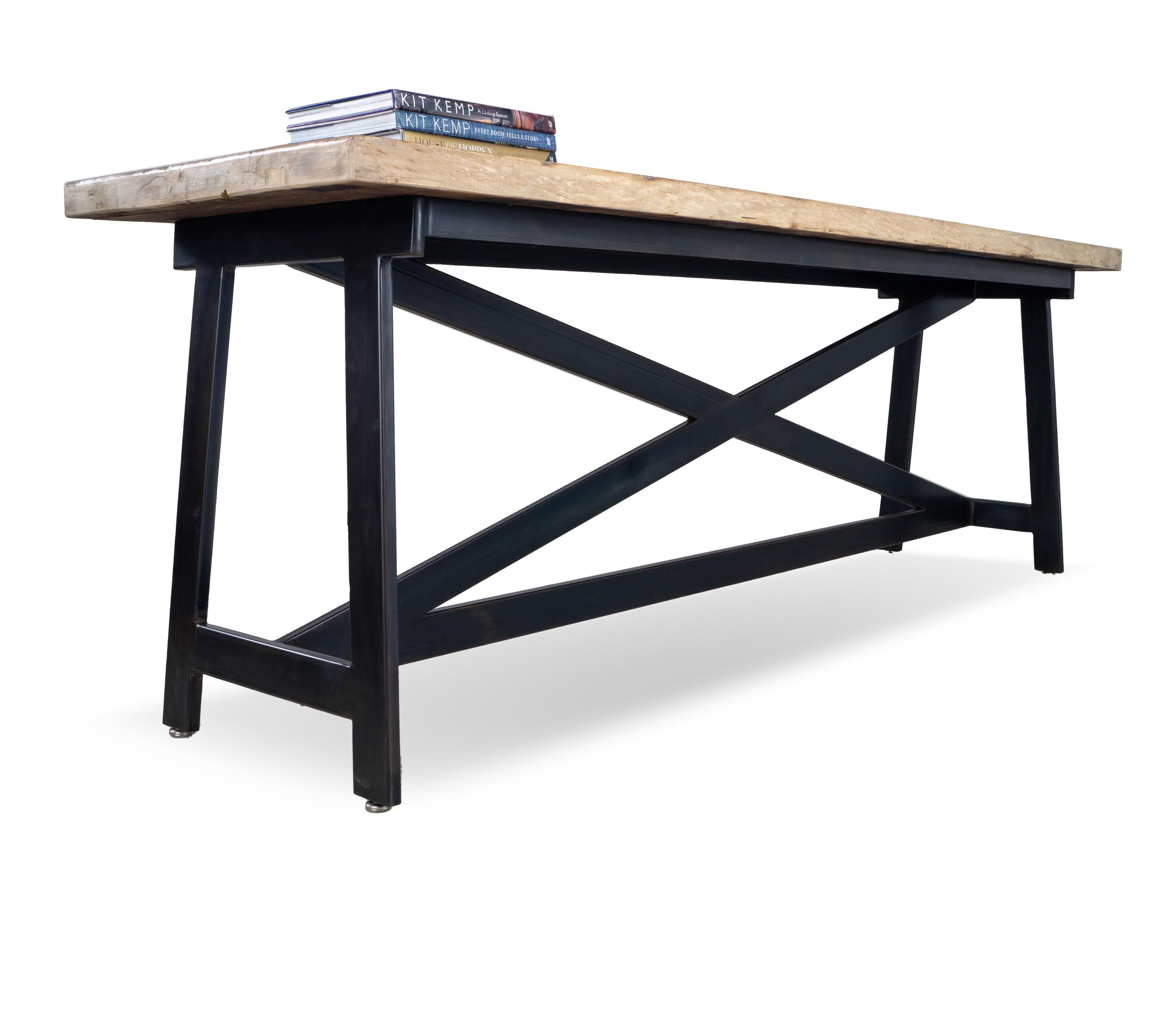 Rustic Reclaimed Elm and Steel Console Table For Sale